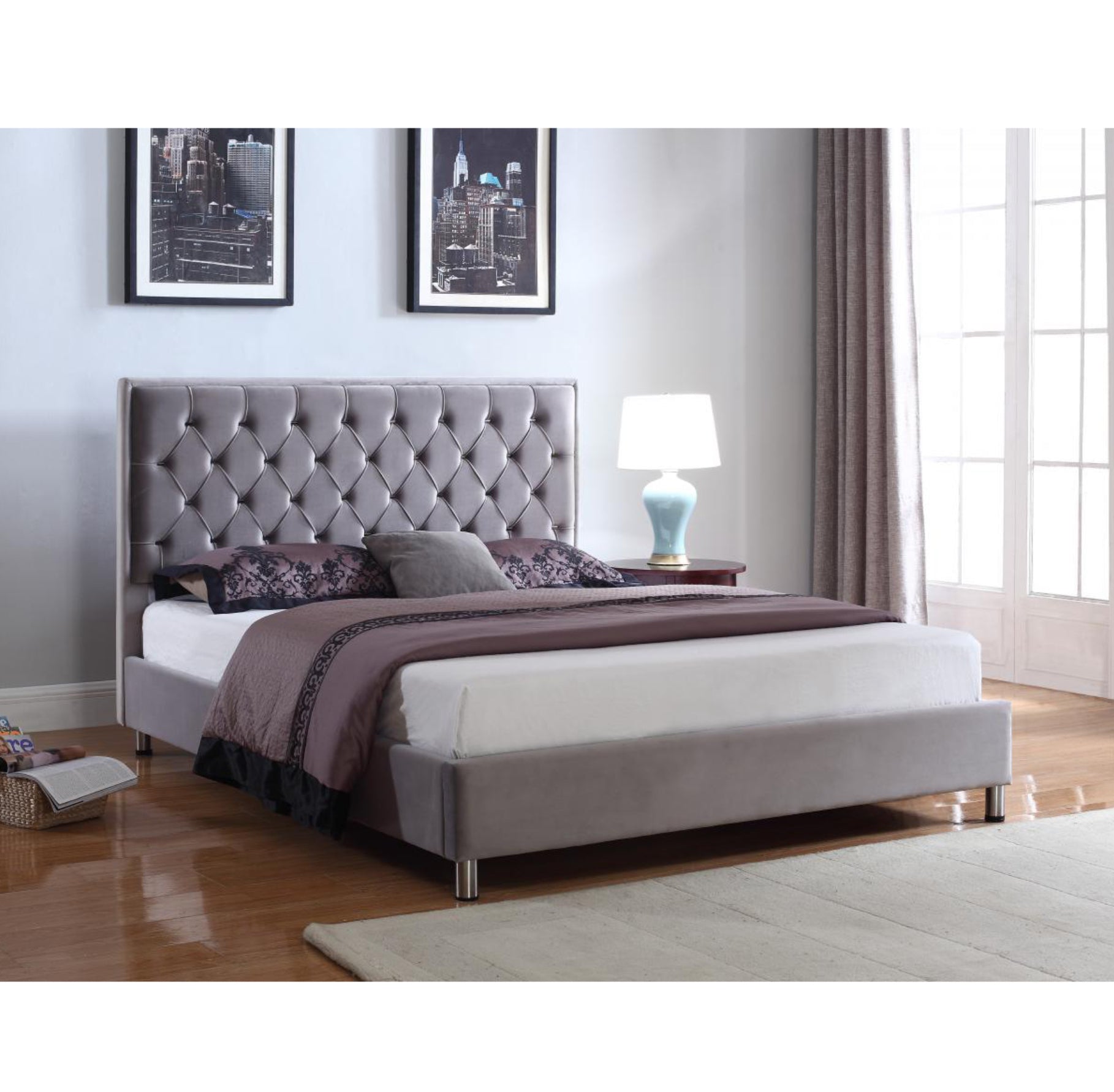 Izabel Velvet King Size Bed Light Grey with Dark Grey HB