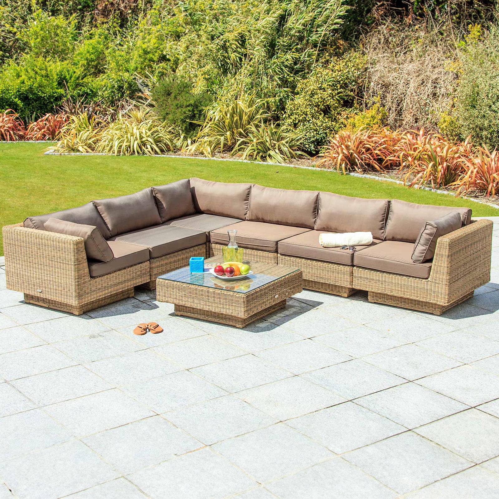 Cozy Bay Chicago Rattan 6 Seater Deluxe Modular Lounge Set in 4 Seasons with Brown Cushions