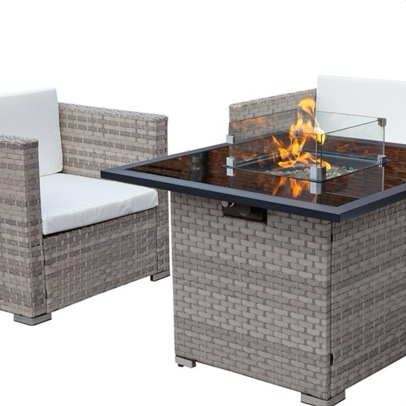 Oseasons Acorn Rattan 5 Seat Firepit Lounge Set in Dove Grey with White Cushions