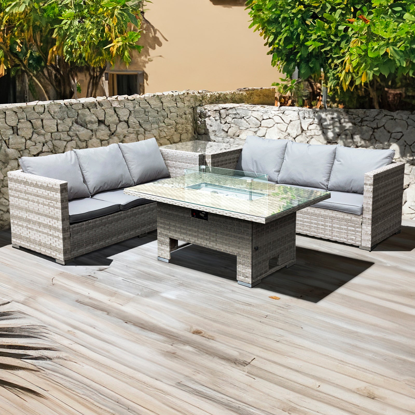 Oseasons Malta Rattan 6 Seat Rising Firepit Corner Set in Dove Grey