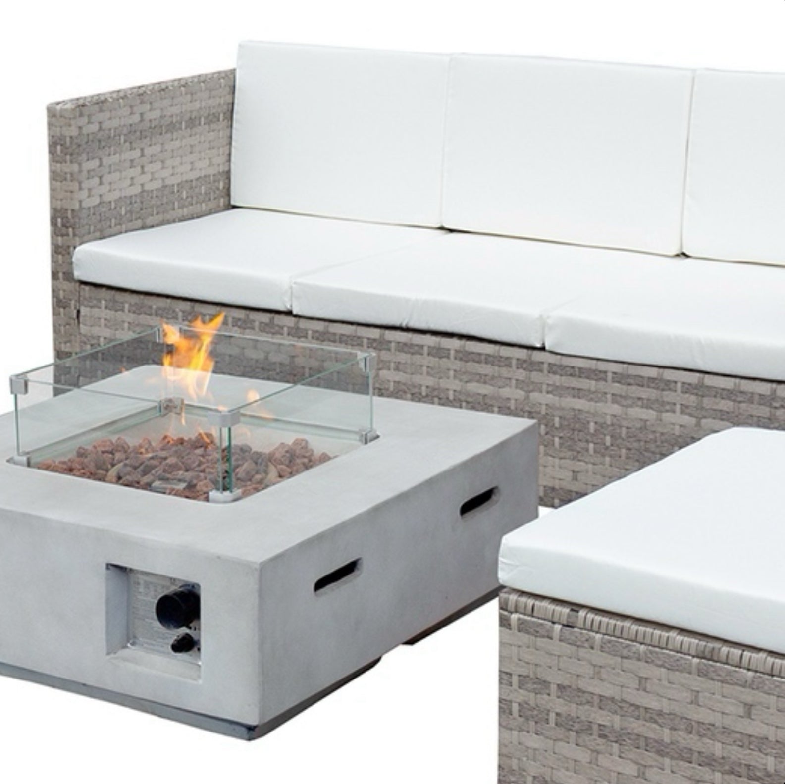 Oseasons Acorn Rattan 5 Seat Lounge Sofa Set with GRC Firepit in Dove Grey with White Cushions