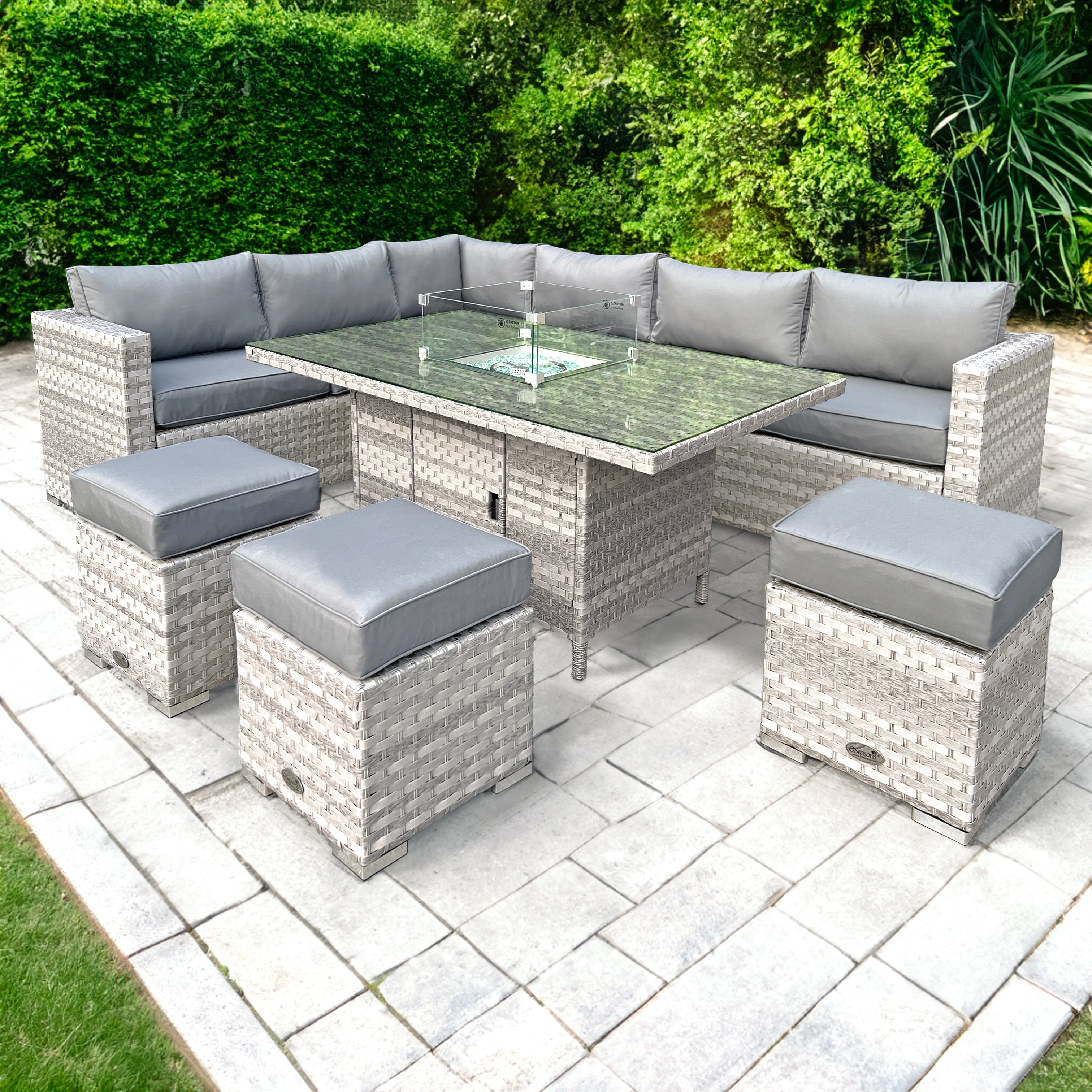 Oseasons Aruba Rattan 9 Seat Firepit Table Set in Dove Grey