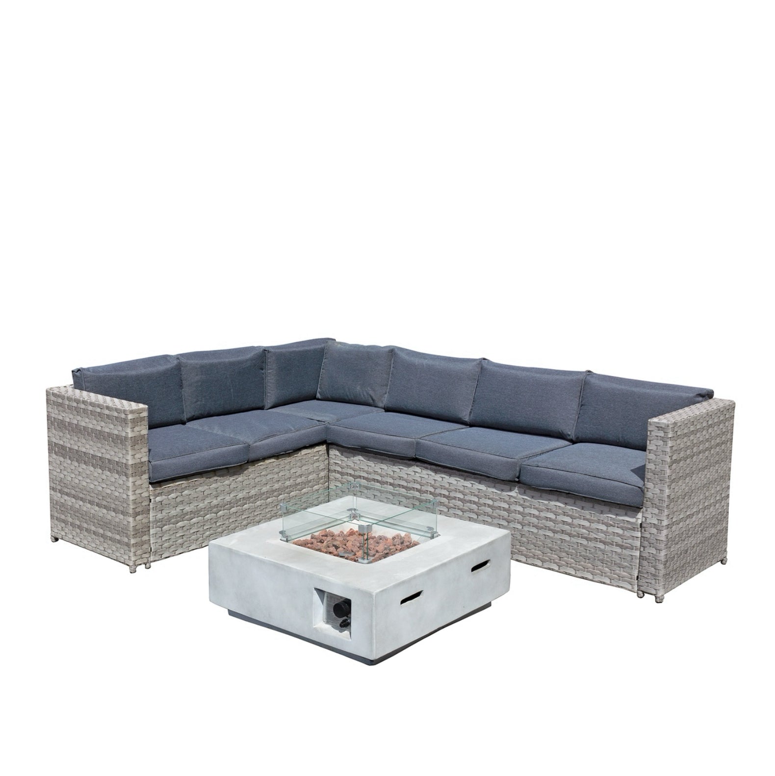 Oseasons Acorn Rattan 6 Seat Corner Sofa Set with GRC Firepit in Dove Grey