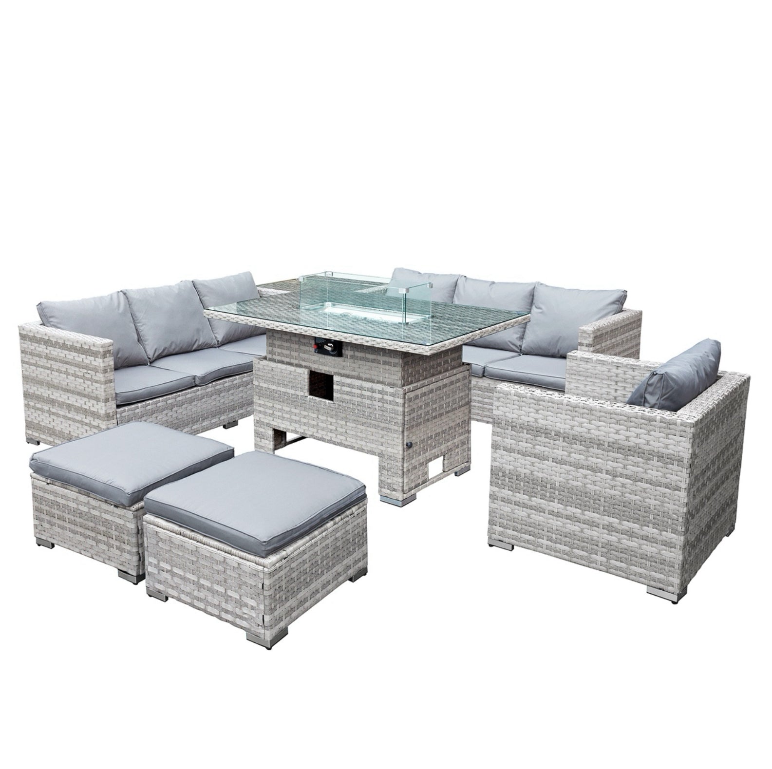 Oseasons Malta Rattan 9 Seat Rising Firepit Corner Set in Dove Grey with 2 Footstools