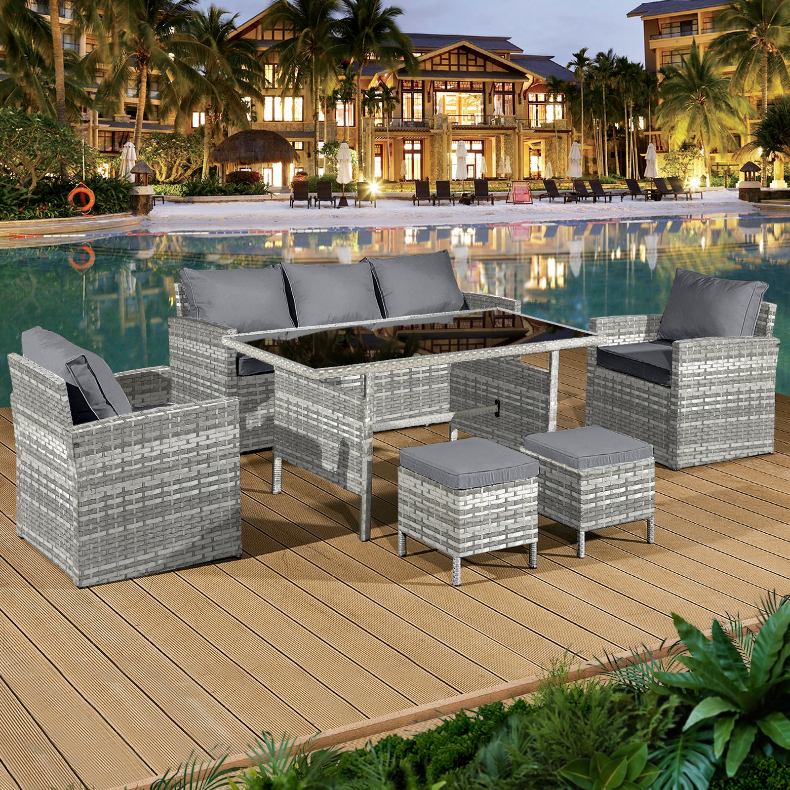 Oseasons Fiji Rattan 7 Seat Lounge Dining Set in Dove Grey