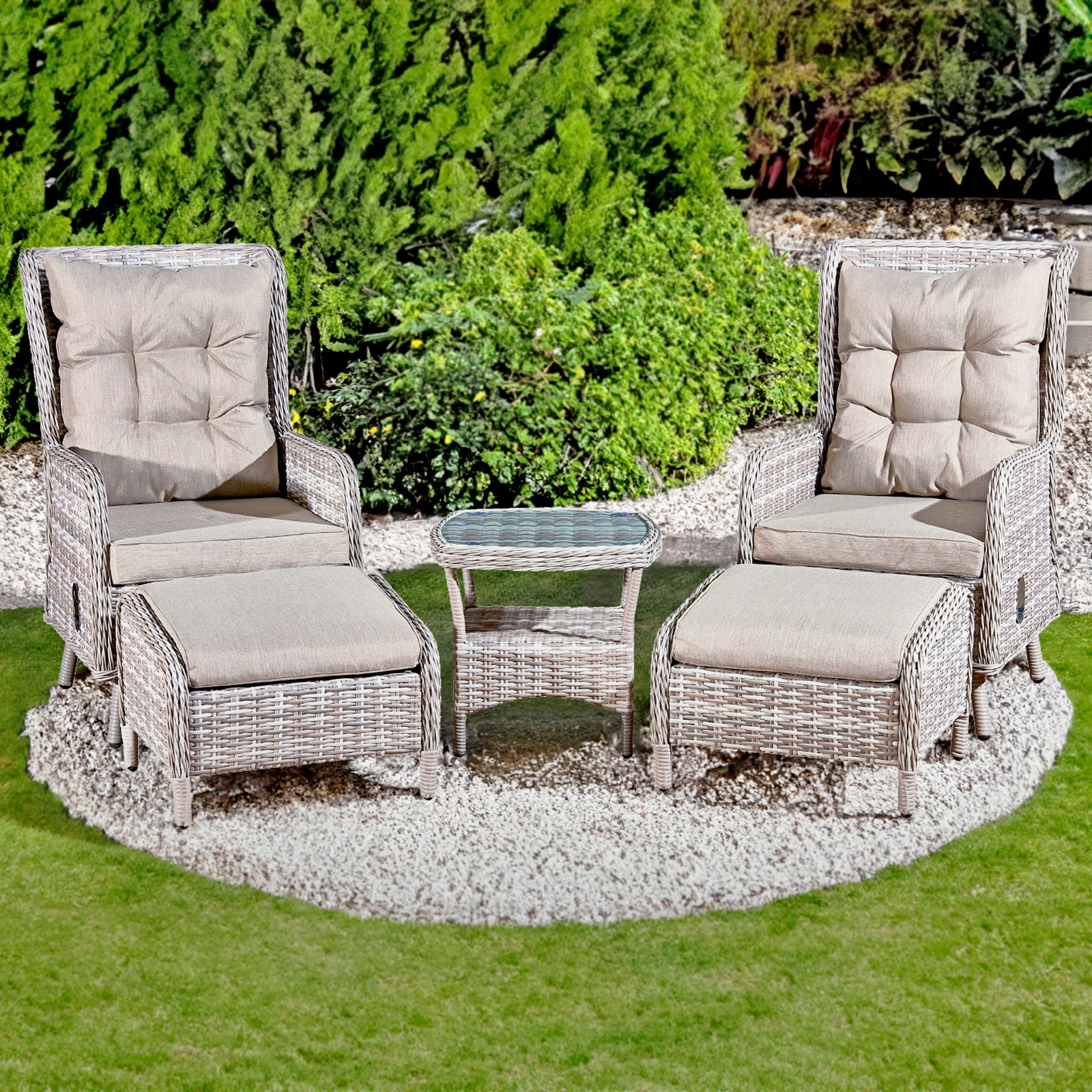 Oseasons Majorca Rattan 2 Seat Recliner Tea for Two Set in Dove Grey with Stools