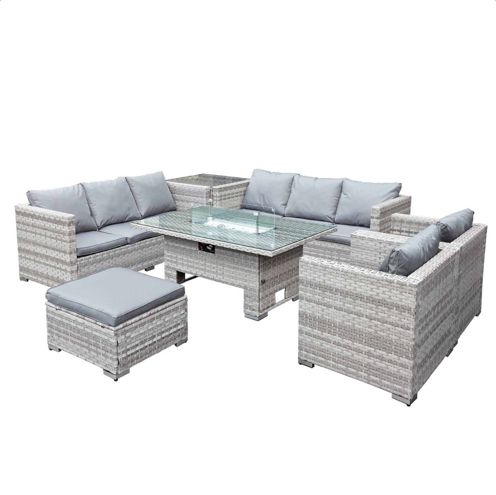 Oseasons Malta Rattan 9 Seat Rising Firepit U-Shape Set in Dove Grey with Footstool