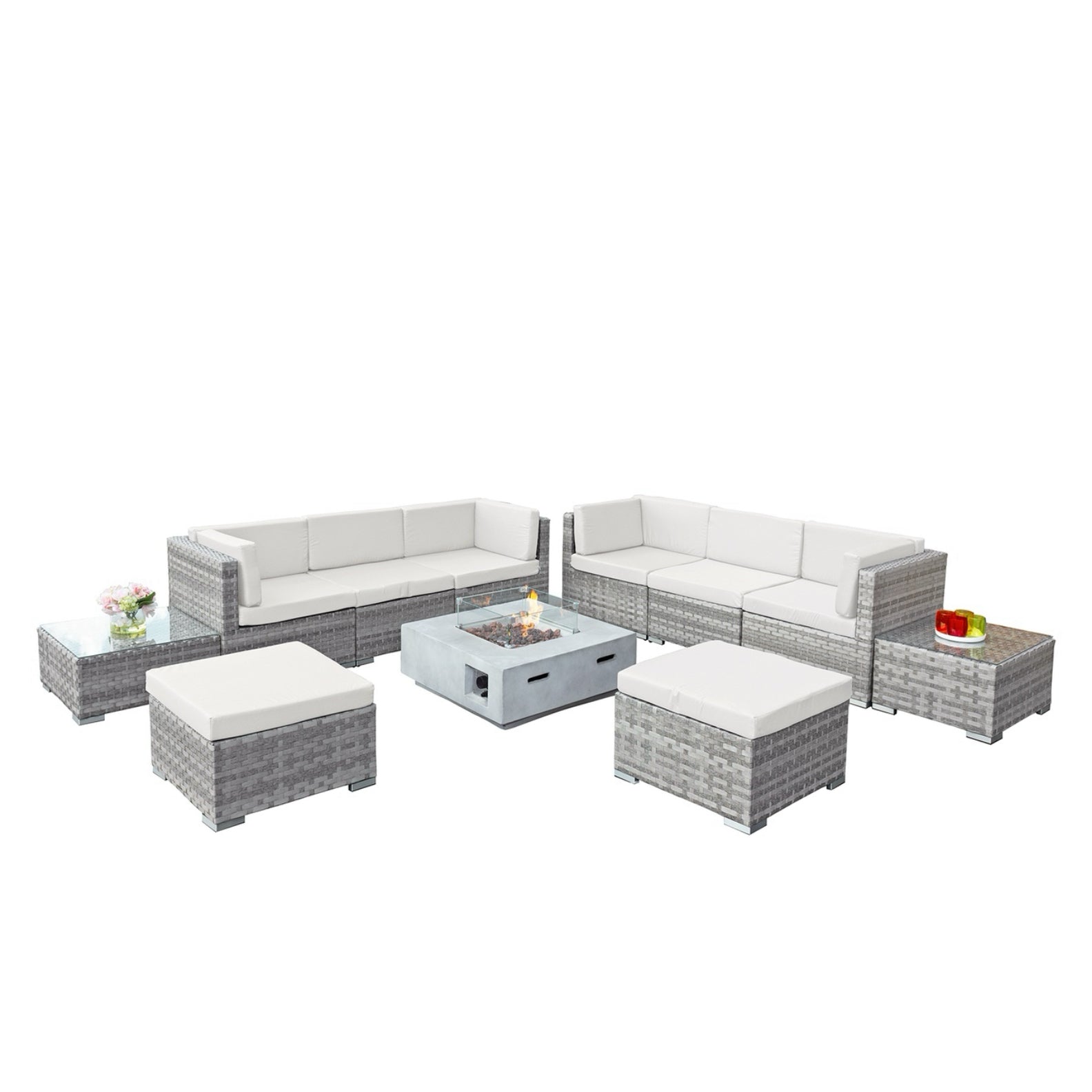 Oseasons Trinidad Deluxe Rattan 8 Seat Modular Sofa Set with GRC Firepit in Dove Grey