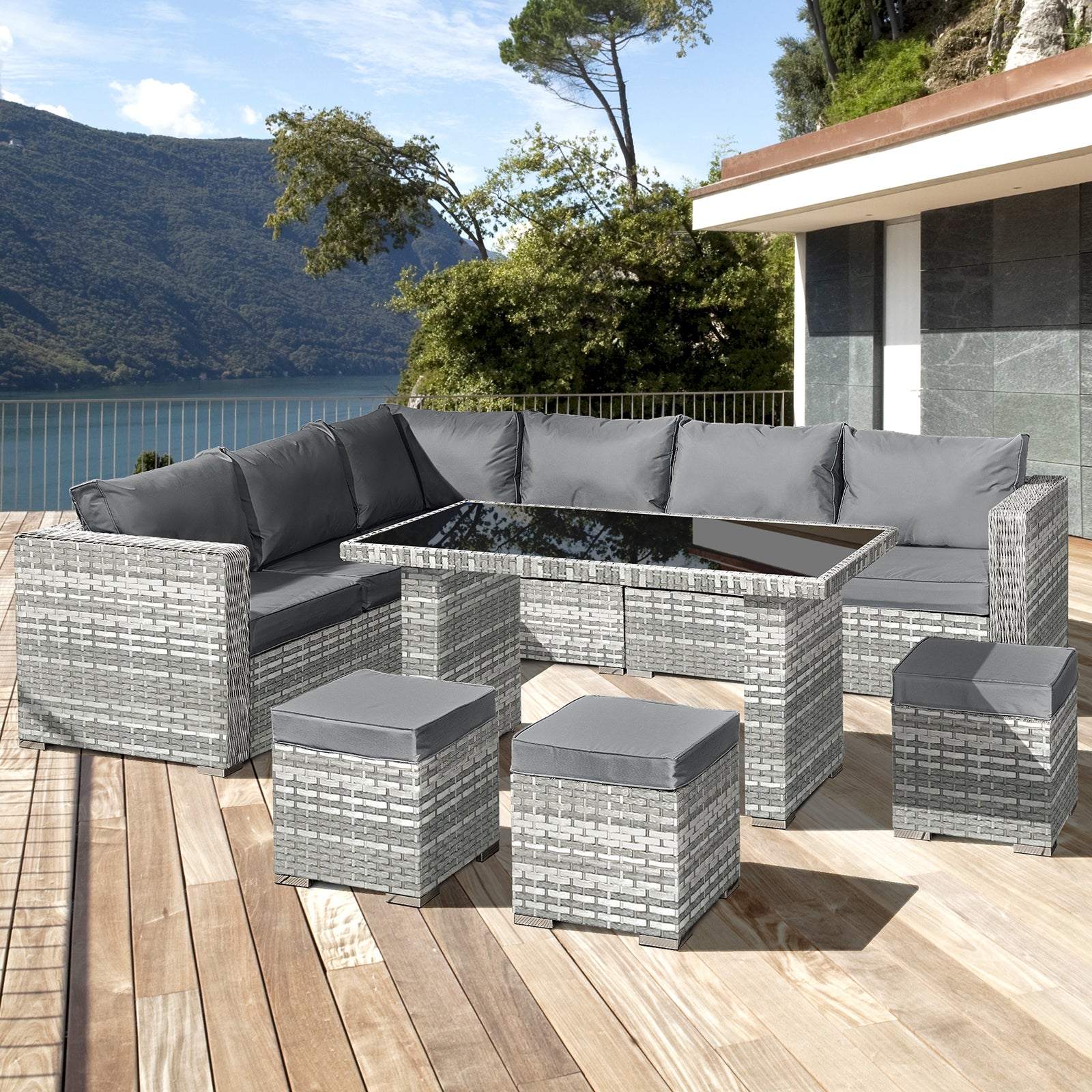 Oseasons Aruba Rattan 9 Seat Corner Dining Set in Dove Grey