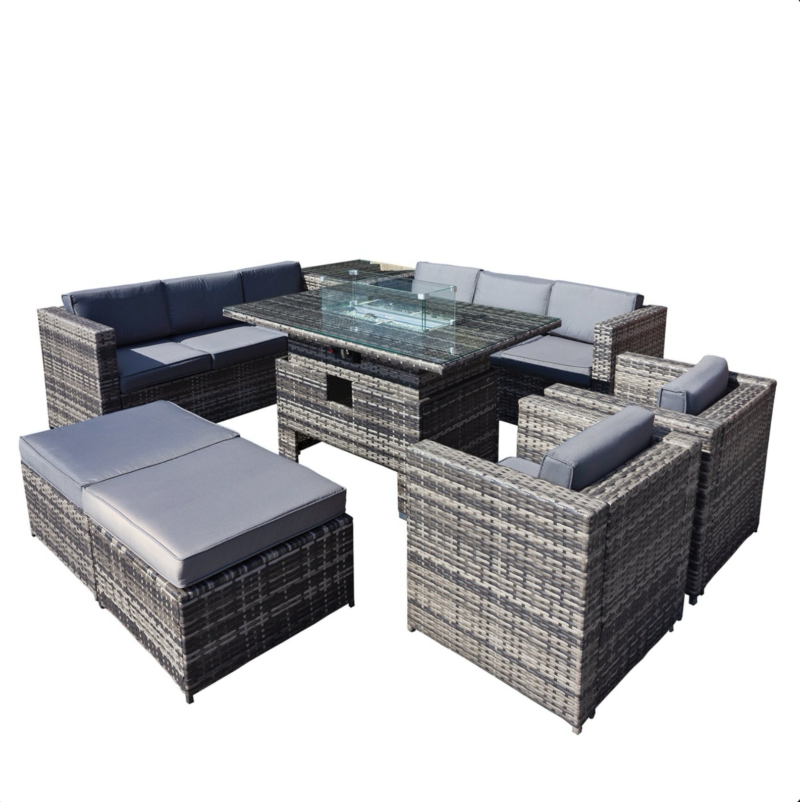 Oseasons Malta Rattan 10 Seat Rising Firepit U-Shape Set in Grey Walnut with 2 Footstools