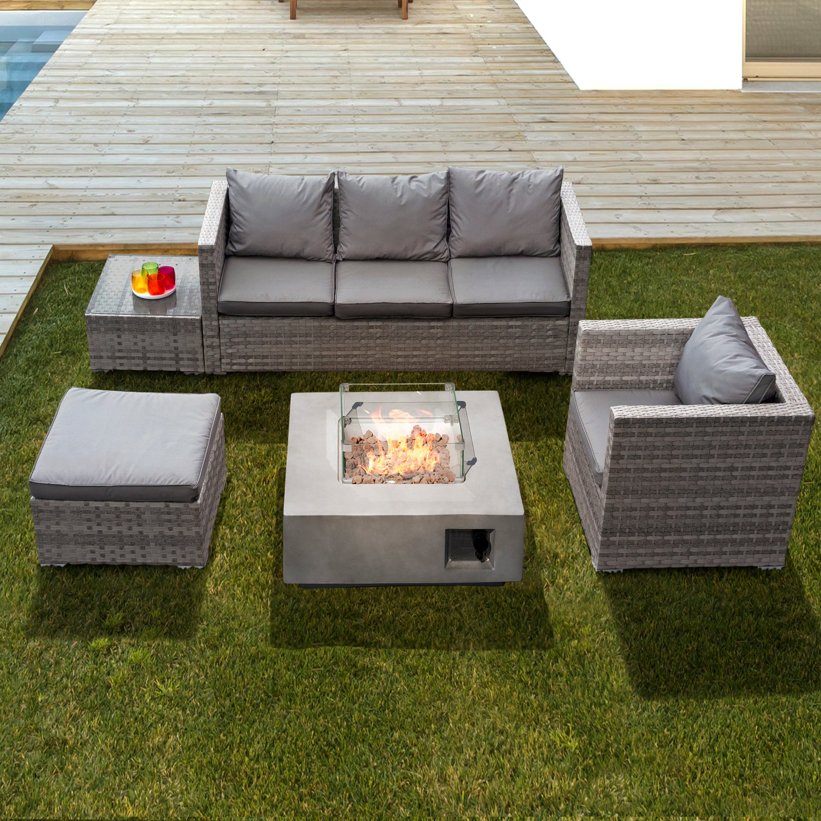 Oseasons Acorn Rattan 5 Seat Lounge Sofa Set with GRC Firepit in Dove Grey