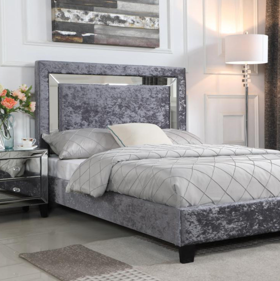 Augustina Crushed Velvet Double Bed Silver with Mirror