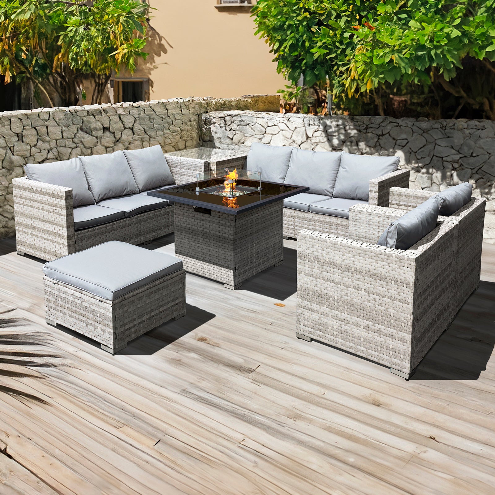 Oseasons Malta XS Rattan 9 Seat U-Shape Firepit Set in Dove Grey