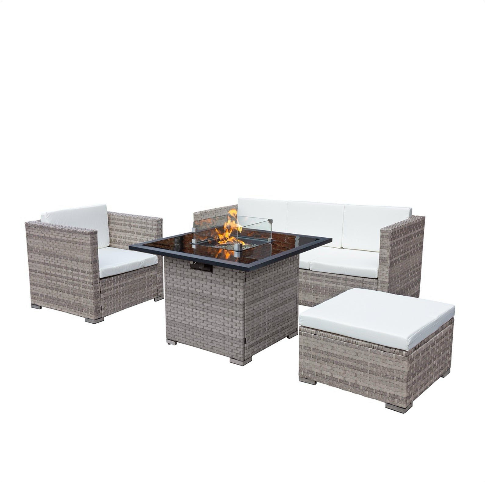 Oseasons Acorn Rattan 5 Seat Firepit Lounge Set in Dove Grey with White Cushions