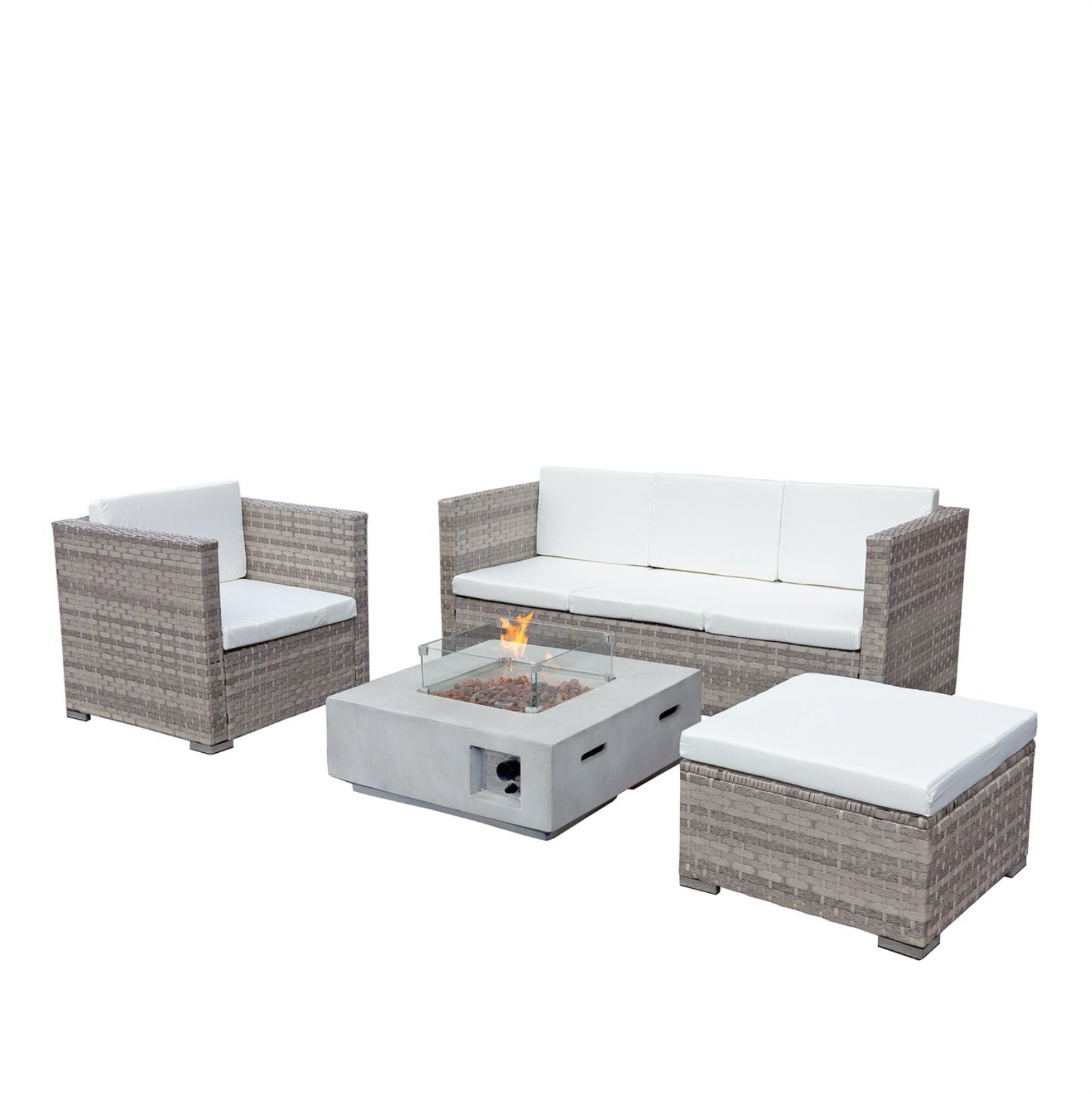 Oseasons Acorn Rattan 5 Seat Lounge Sofa Set with GRC Firepit in Dove Grey with White Cushions