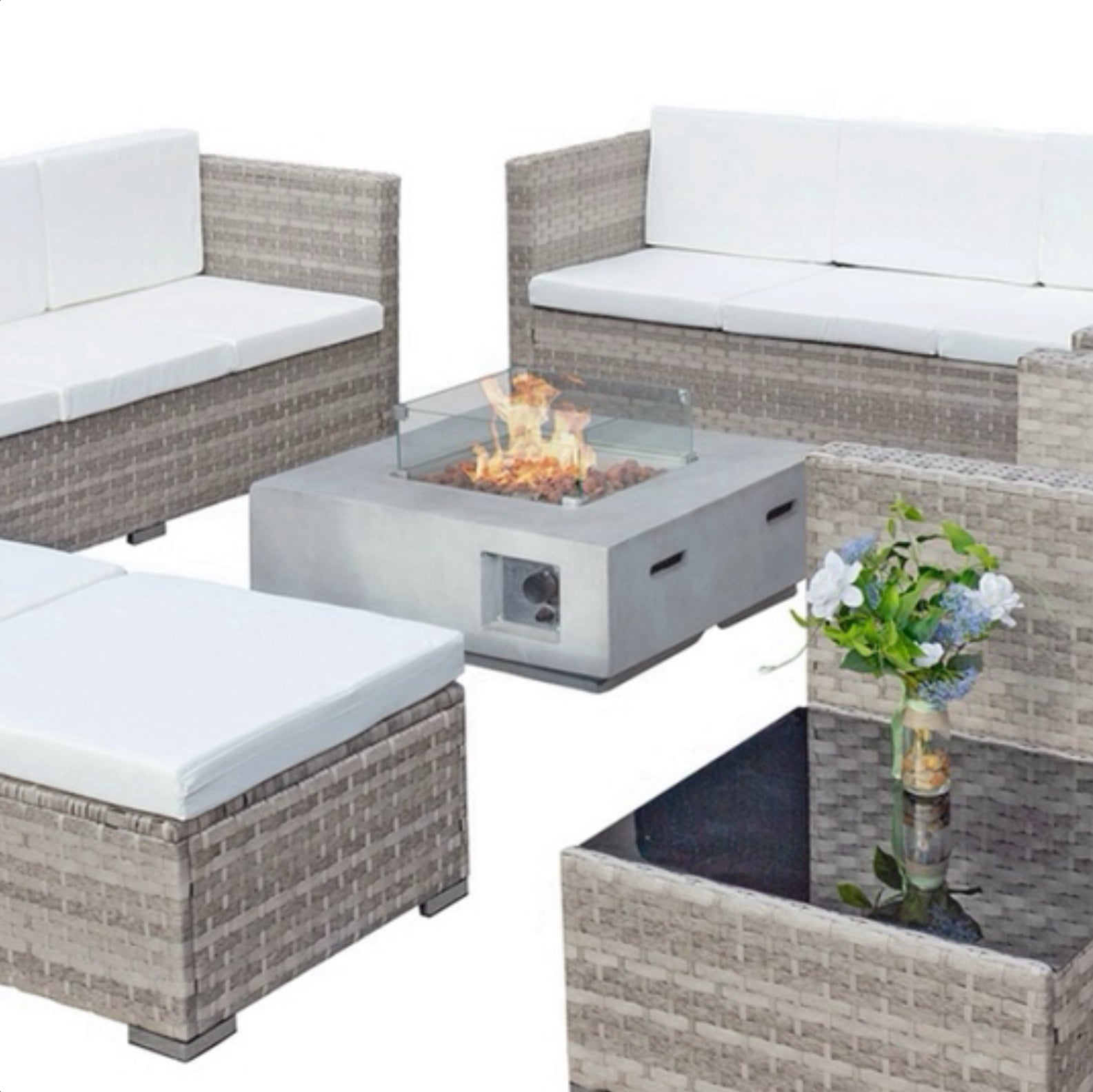 Oseasons Acorn Deluxe Rattan 10 Seat Modular Sofa Set with GRC Firepit in Dove Grey with White Cushions