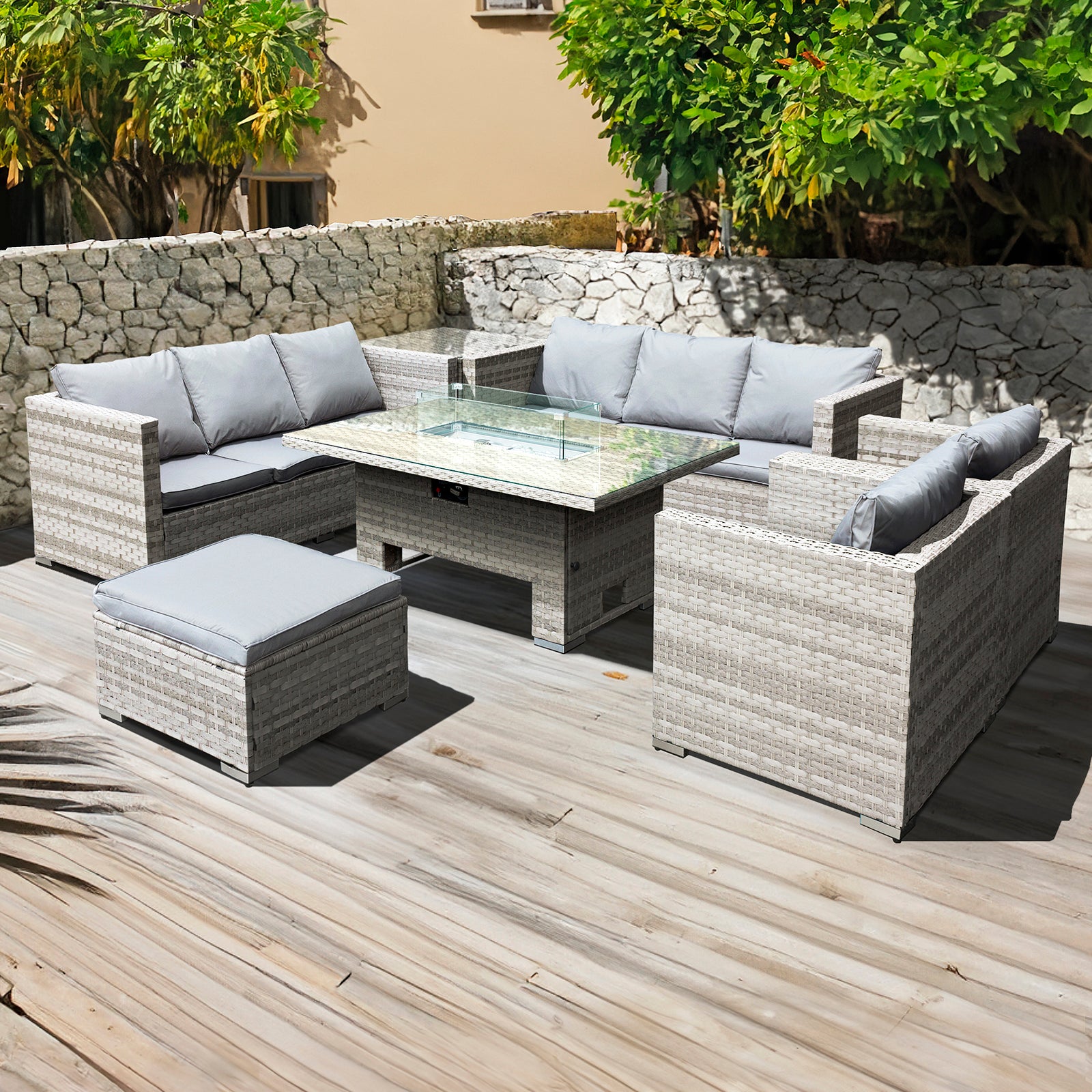 Oseasons Malta Rattan 9 Seat Rising Firepit U-Shape Set in Dove Grey with Footstool