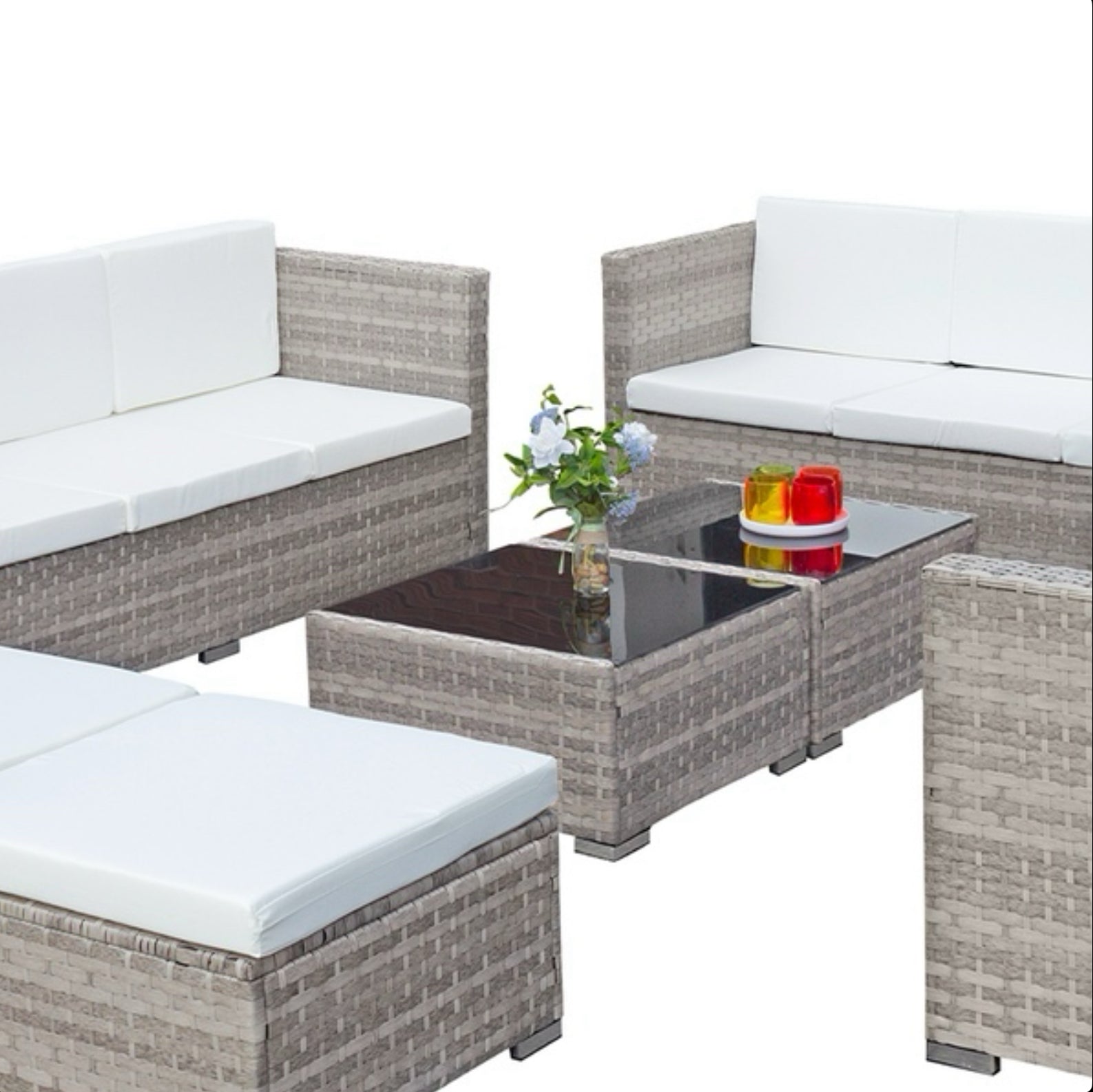 Oseasons Acorn Deluxe Rattan 10 Seat Modular Sofa Set in Dove Grey with White Cushions