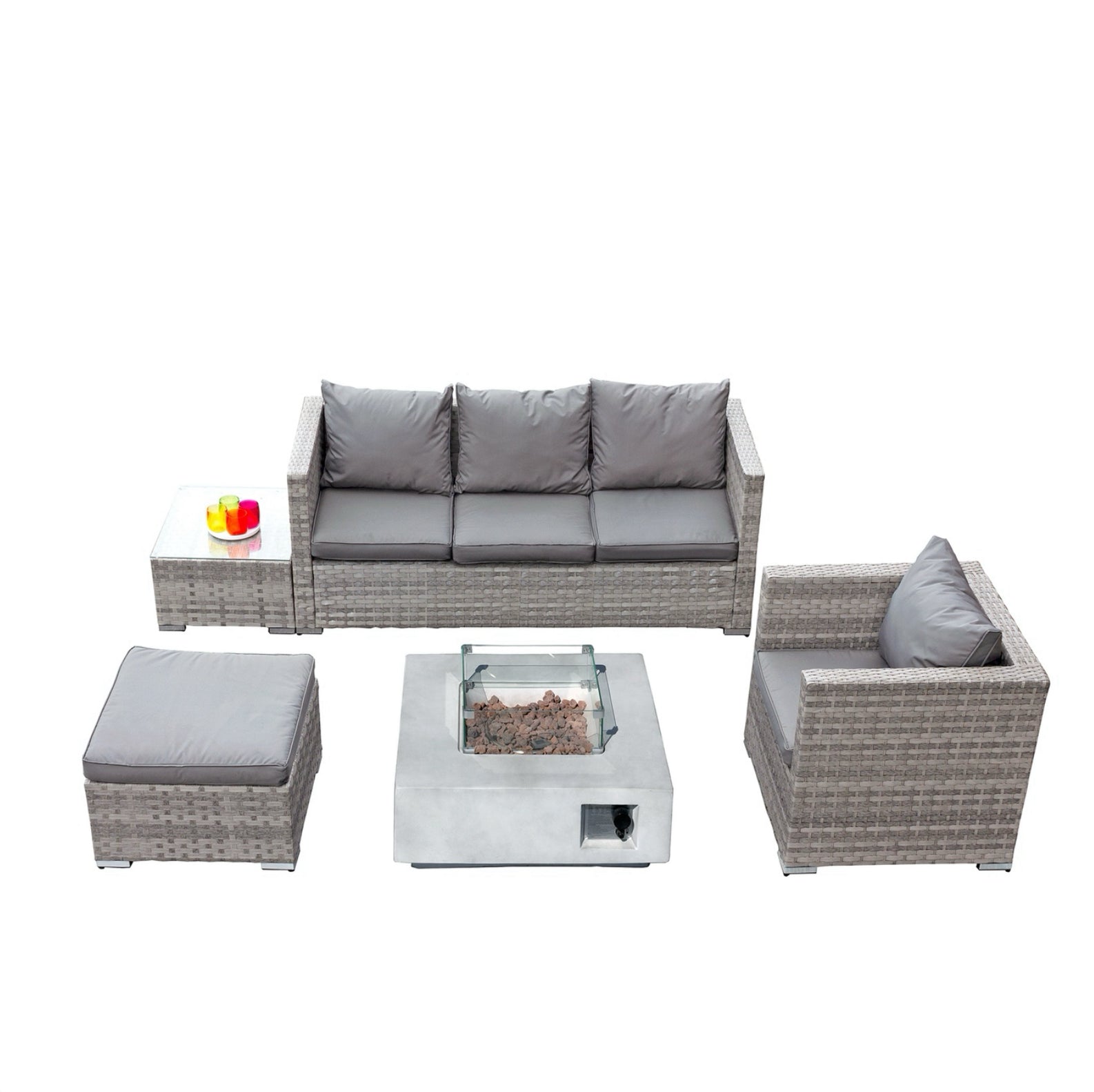 Oseasons Acorn Rattan 5 Seat Lounge Sofa Set with GRC Firepit in Dove Grey