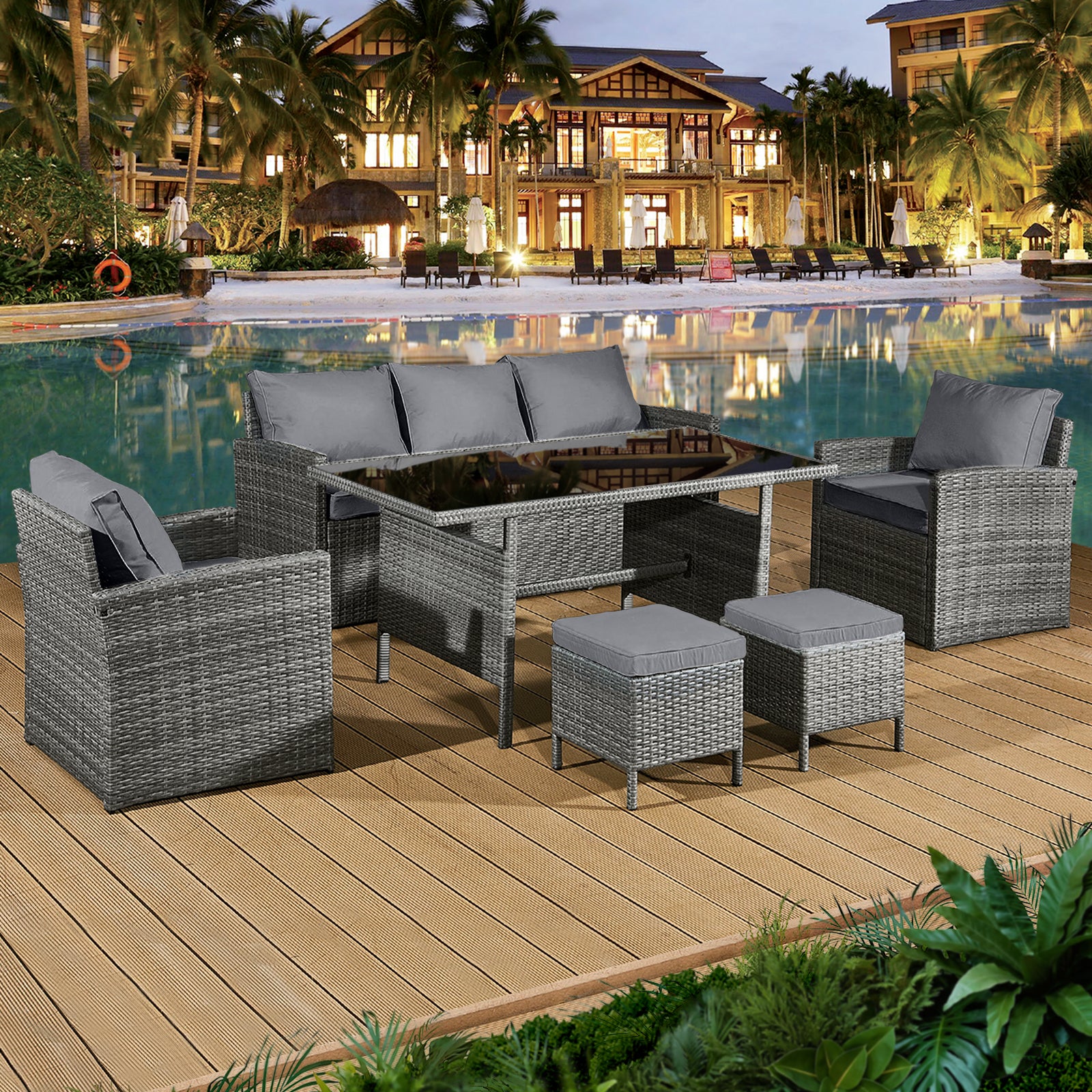 Oseasons Fiji Rattan 7 Seat Lounge Dining Set in Pewter Grey