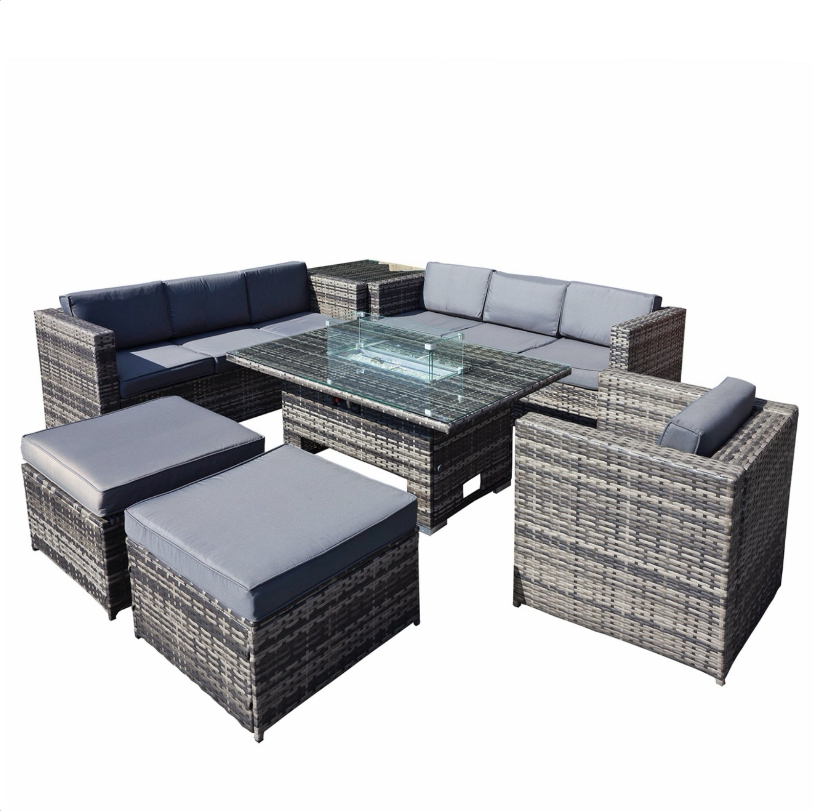 Oseasons Malta Rattan 9 Seat Rising Firepit Corner Set in Grey Walnut with 2 Footstools