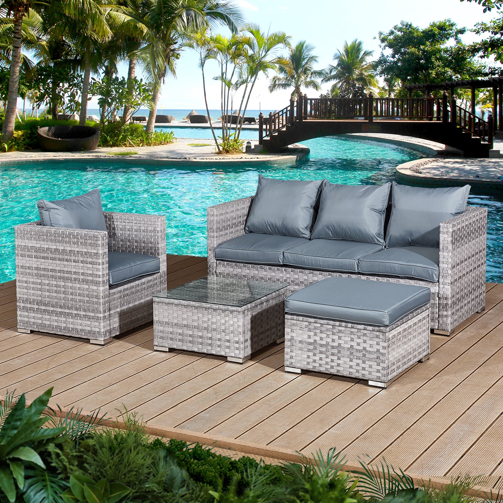 Oseasons Acorn Rattan 5 Seat Lounge Sofa Set in Dove Grey with Grey Cushions