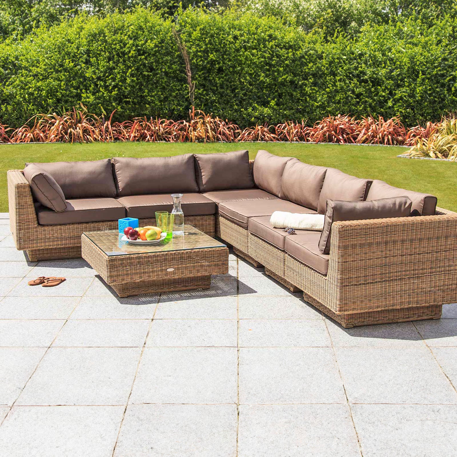 Cozy Bay Chicago Rattan 6 Seater Deluxe Modular Lounge Set in 4 Seasons with Brown Cushions