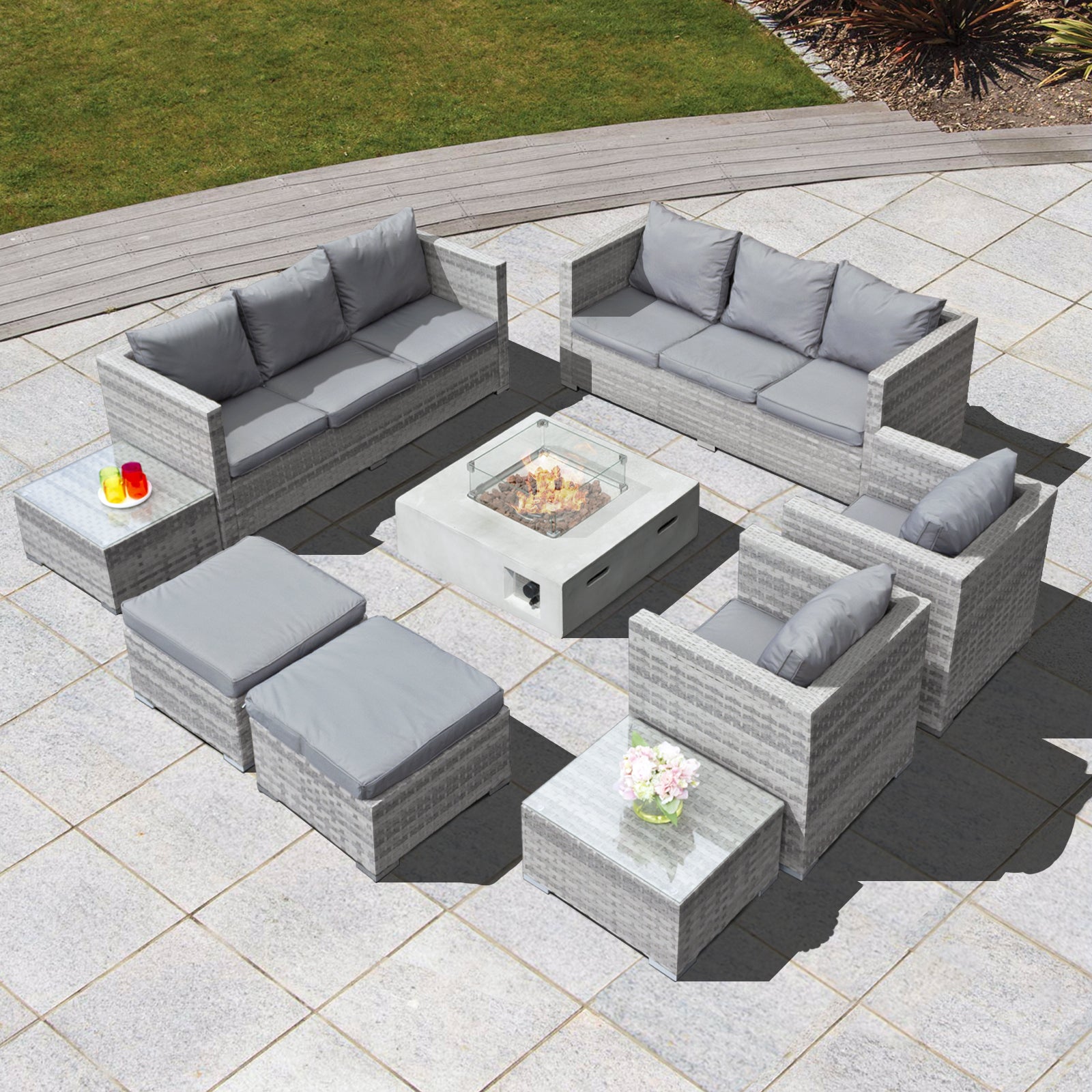 Oseasons Acorn Deluxe Rattan 10 Seat Modular Sofa Set with GRC Firepit in Dove Grey