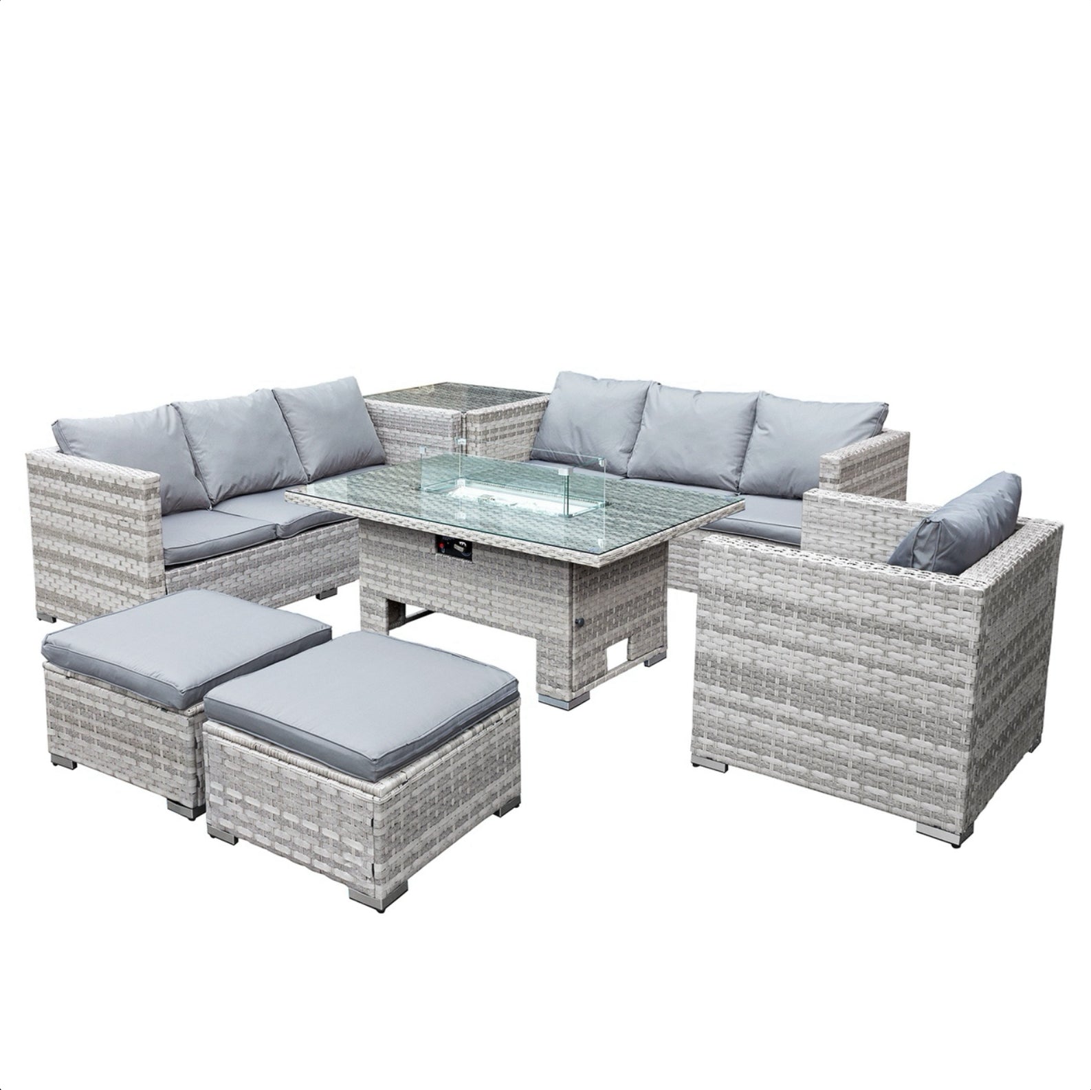 Oseasons Malta Rattan 9 Seat Rising Firepit Corner Set in Dove Grey with 2 Footstools