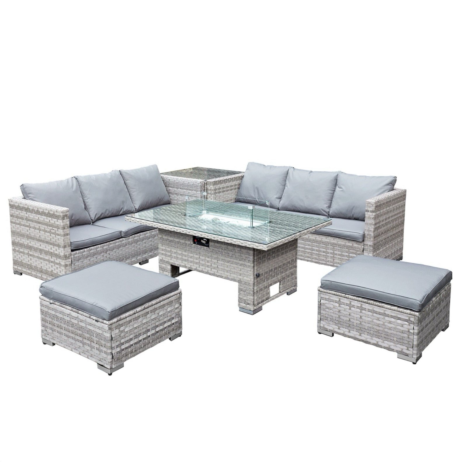 Oseasons Malta Rattan 8 Seat Rising Firepit Corner Set in Dove Grey with 2 Footstools