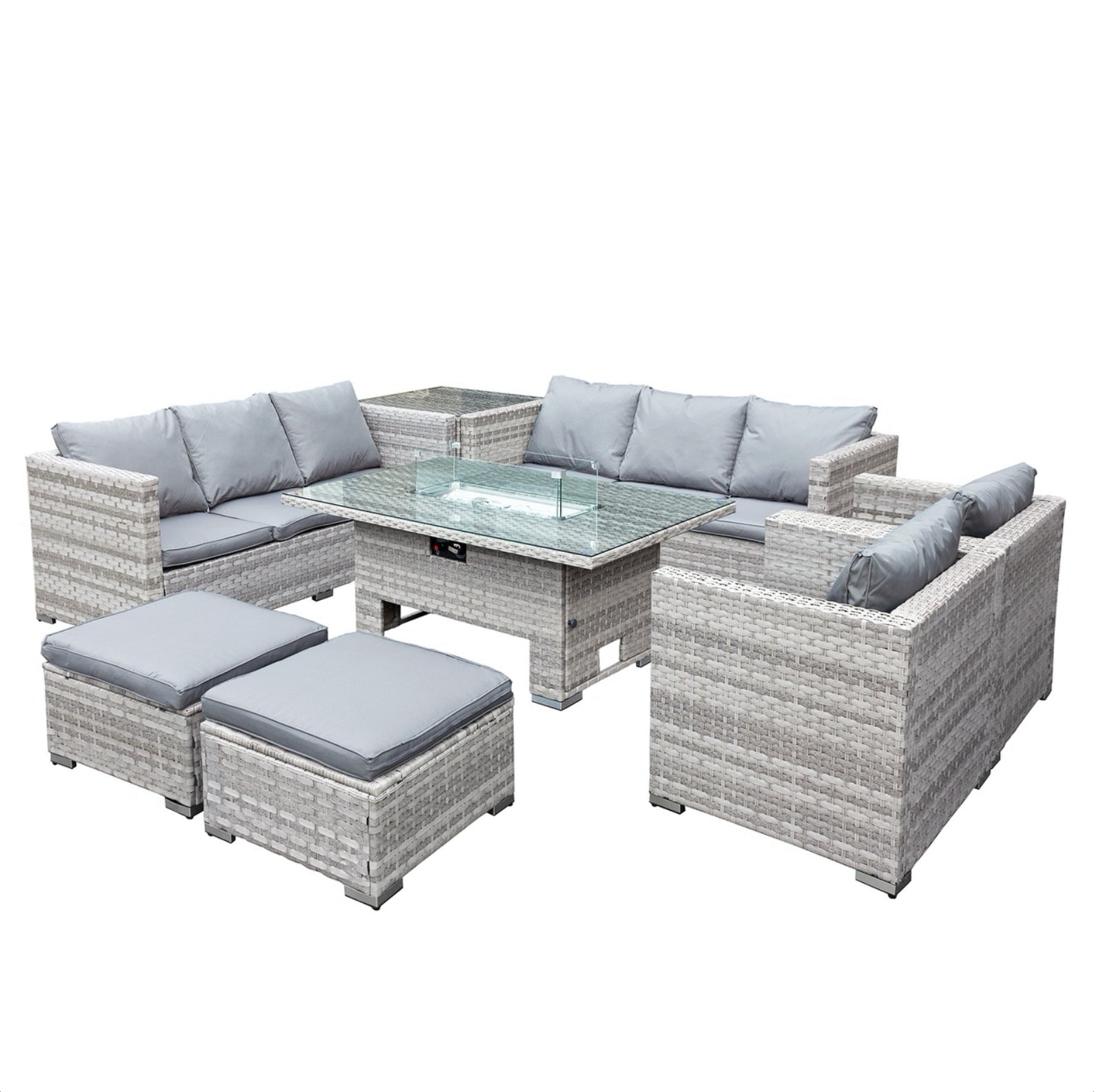 Oseasons Malta Rattan 10 Seat Rising Firepit U-Shape Set in Dove Grey with 2 Footstools