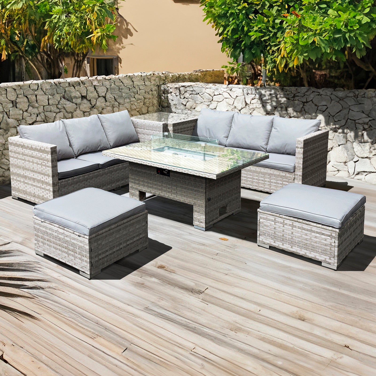 Oseasons Malta Rattan 8 Seat Rising Firepit Corner Set in Dove Grey with 2 Footstools