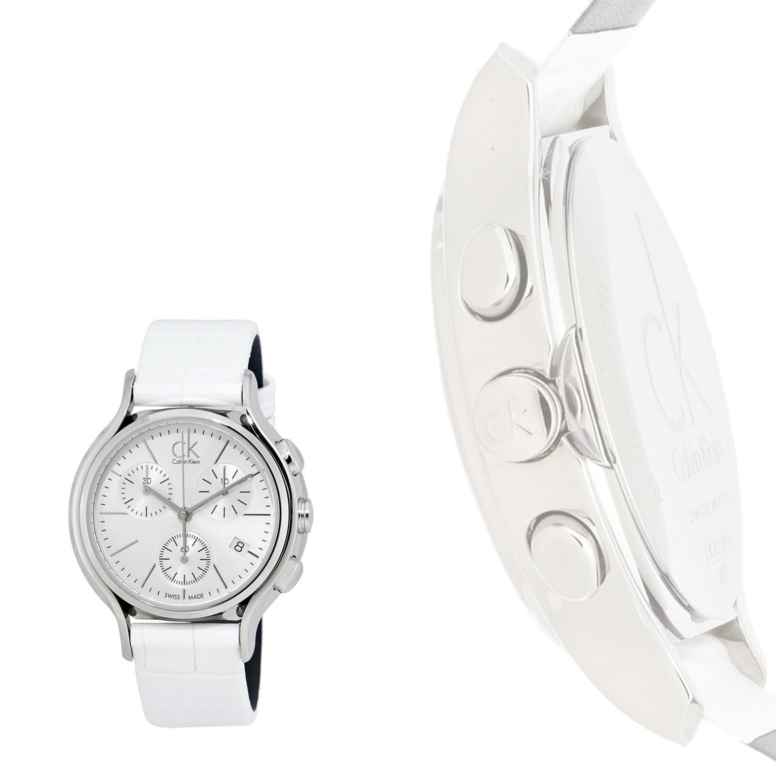 Calvin Klein Skirt Silver Chronograph White Leather Ladies Watch K2U291L6