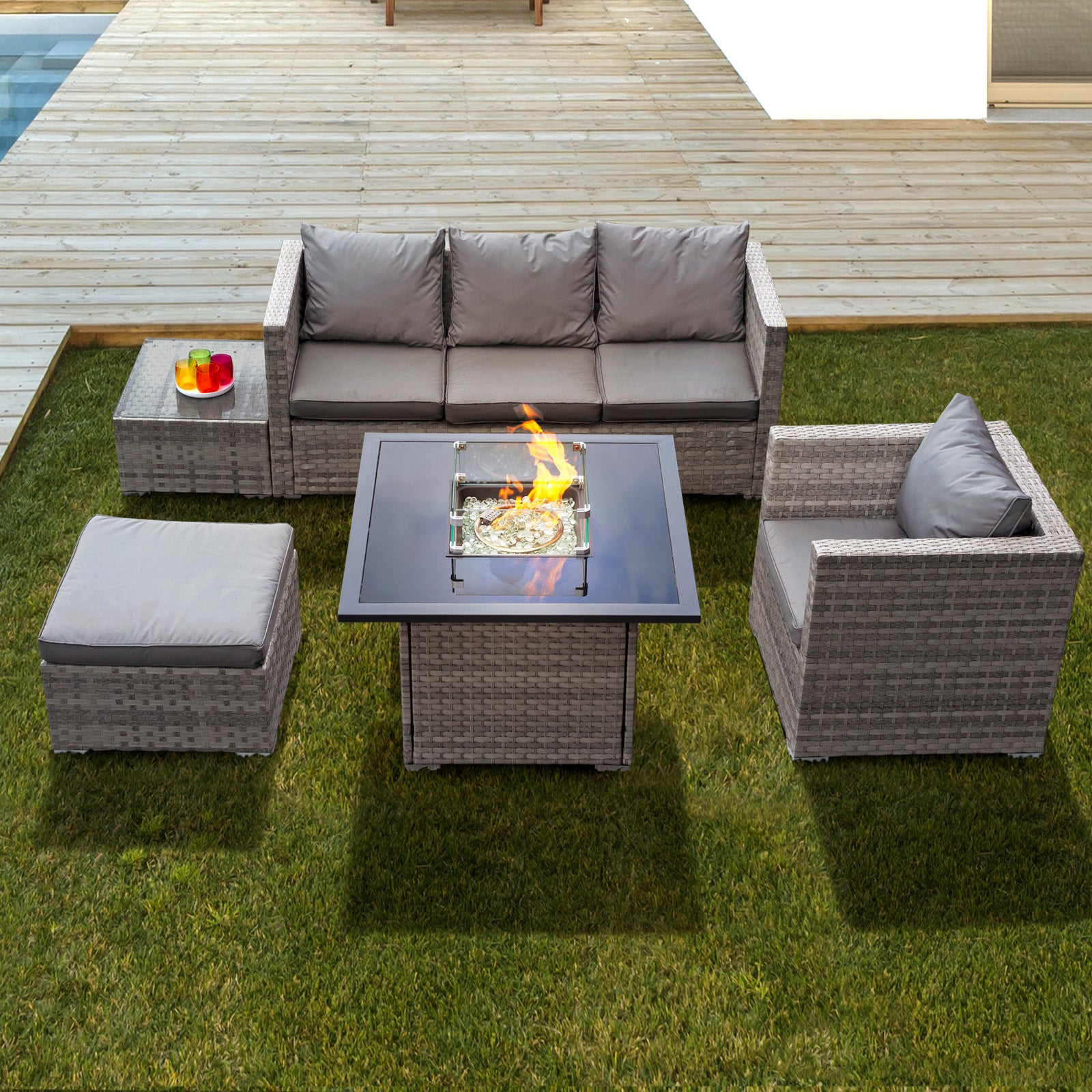 Oseasons Acorn Rattan 5 Seat Firepit Lounge Set in Dove Grey