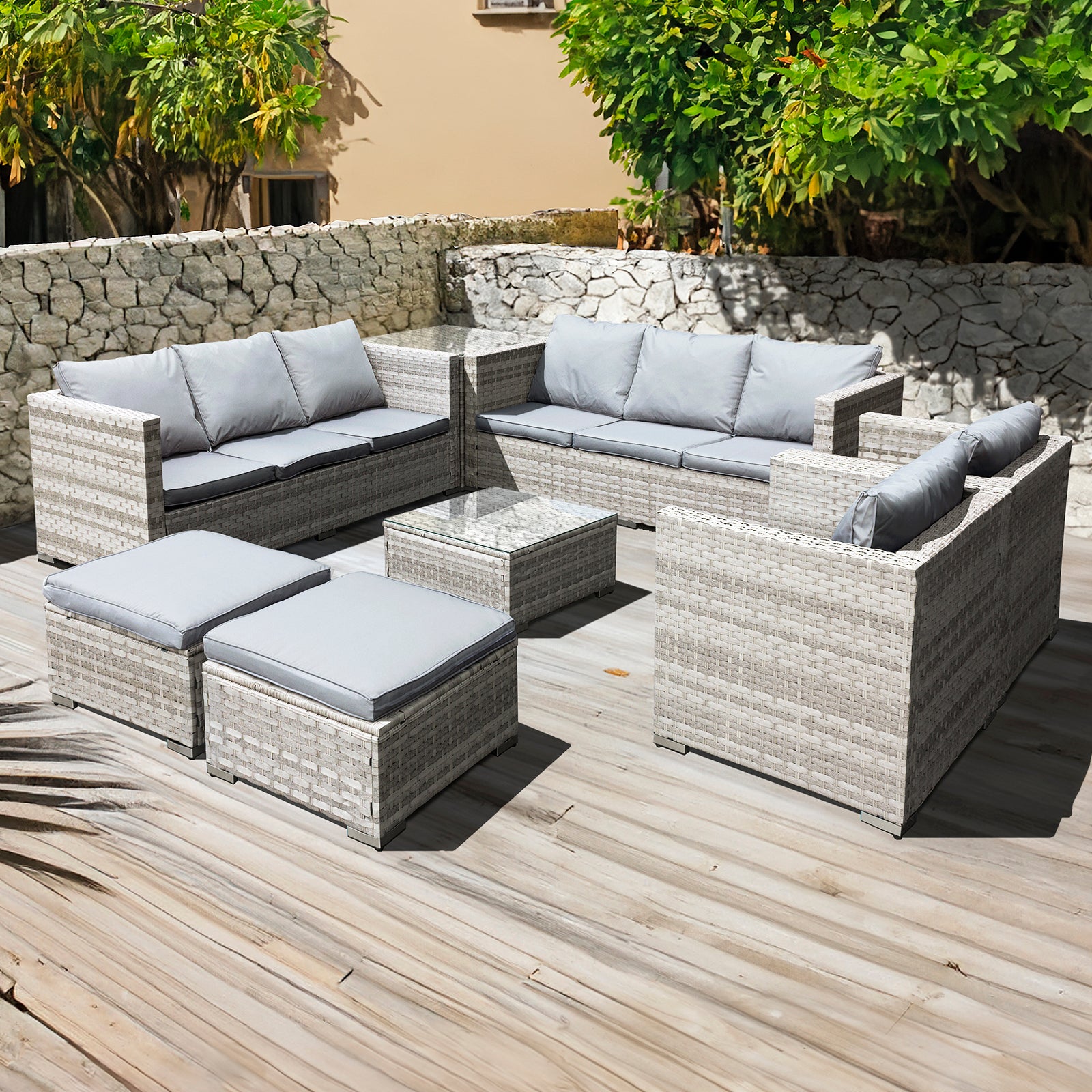 Oseasons Malta Rattan 10 Seat U-Shape Set in Dove Grey with 2 Footstools