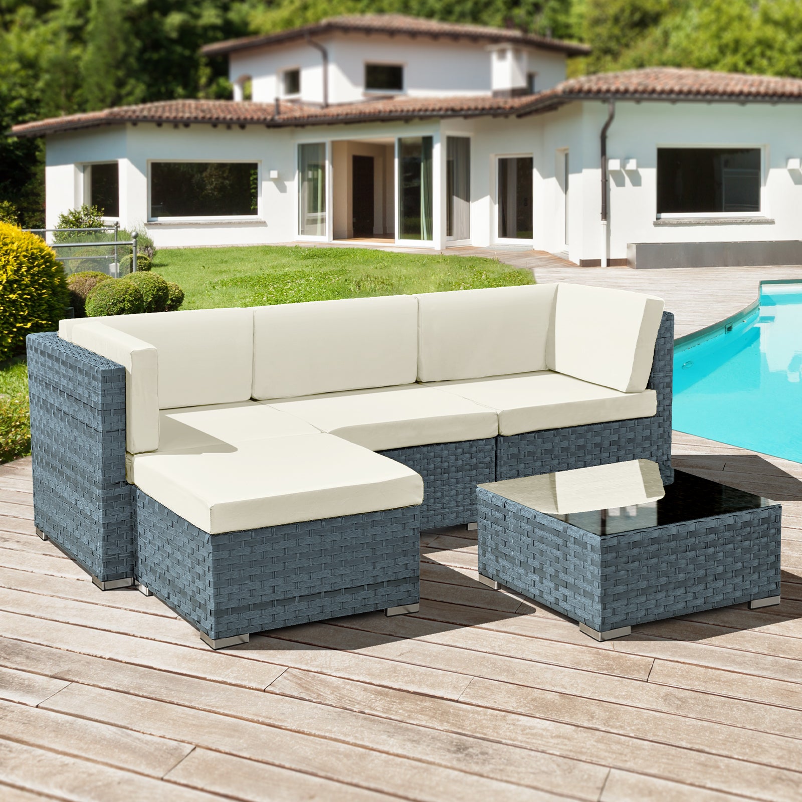 Oseasons Trinidad Rattan 4 Seat Modular Chaise Lounge Set in Ocean Grey