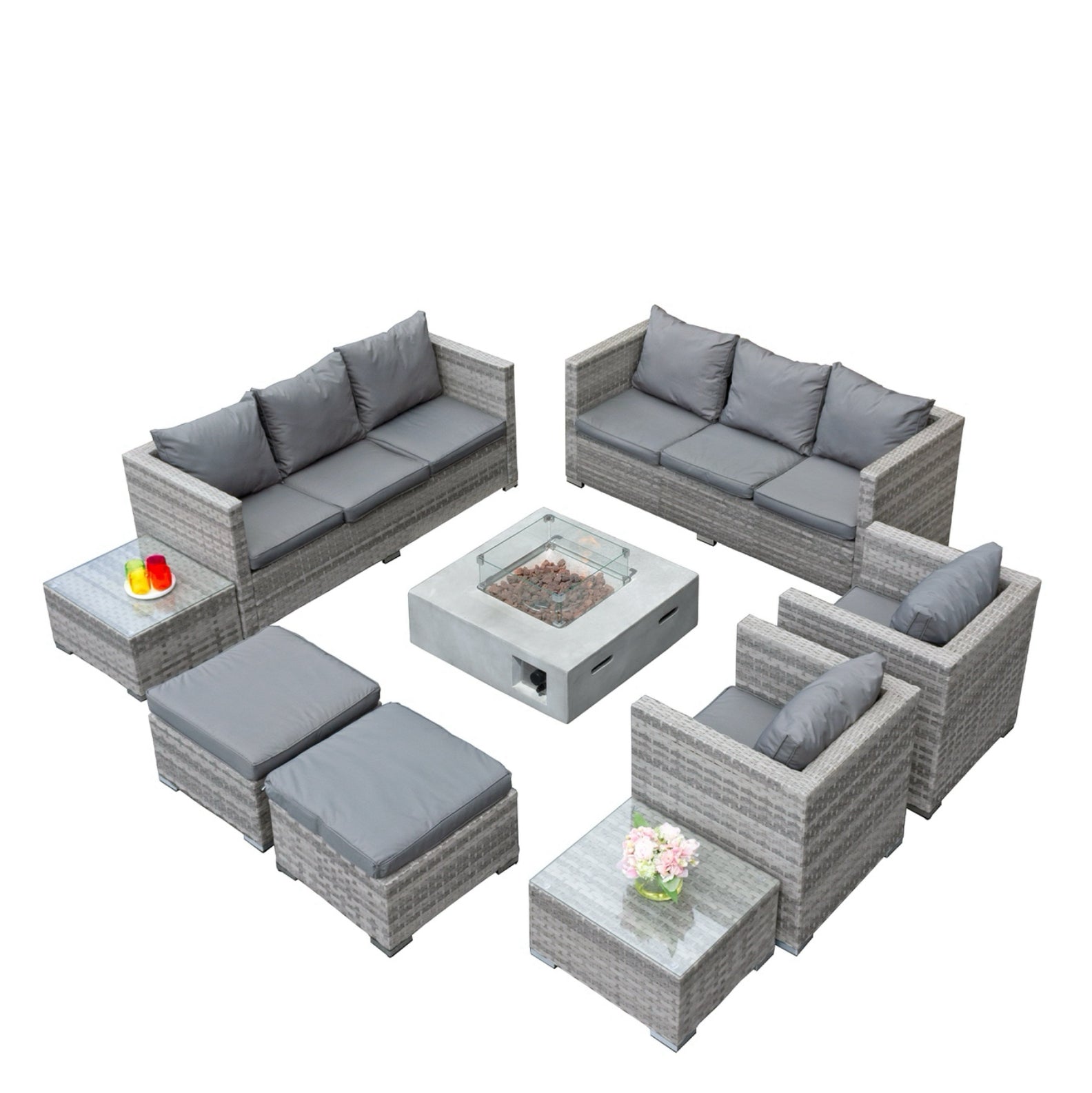 Oseasons Acorn Deluxe Rattan 10 Seat Modular Sofa Set with GRC Firepit in Dove Grey