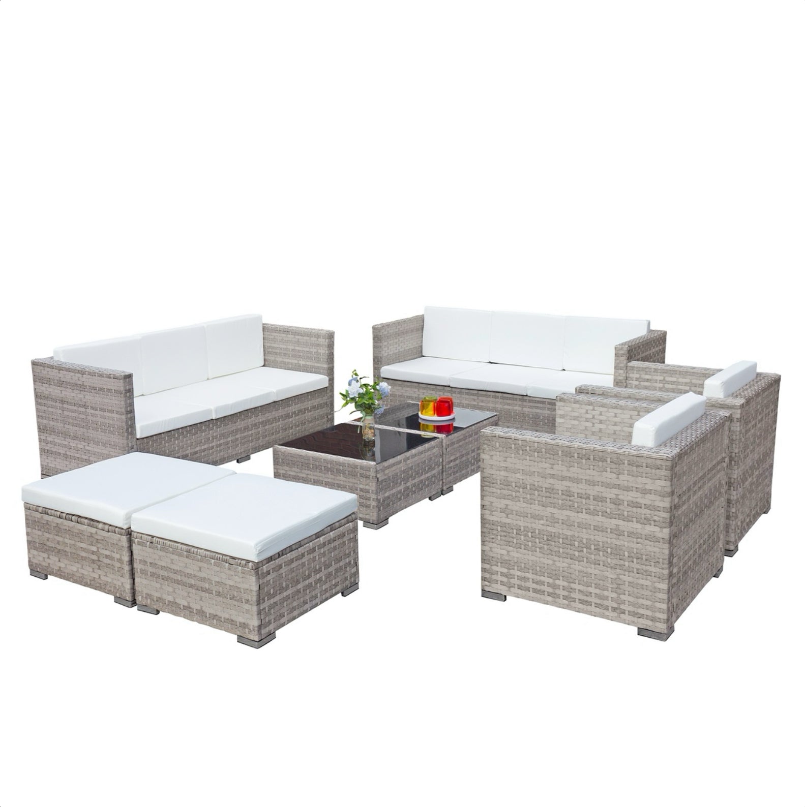 Oseasons Acorn Deluxe Rattan 10 Seat Modular Sofa Set in Dove Grey with White Cushions