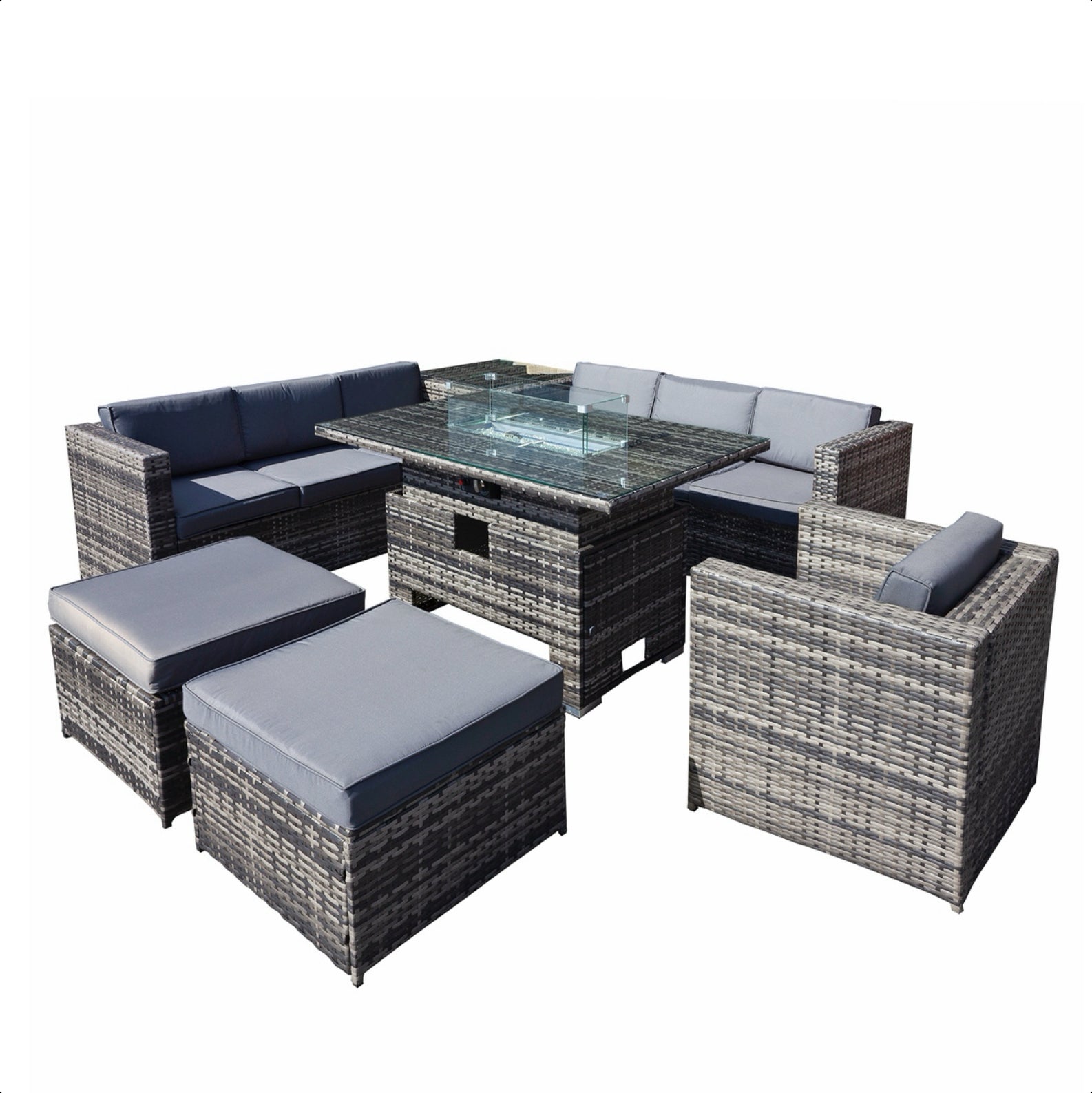 Oseasons Malta Rattan 9 Seat Rising Firepit Corner Set in Grey Walnut with 2 Footstools