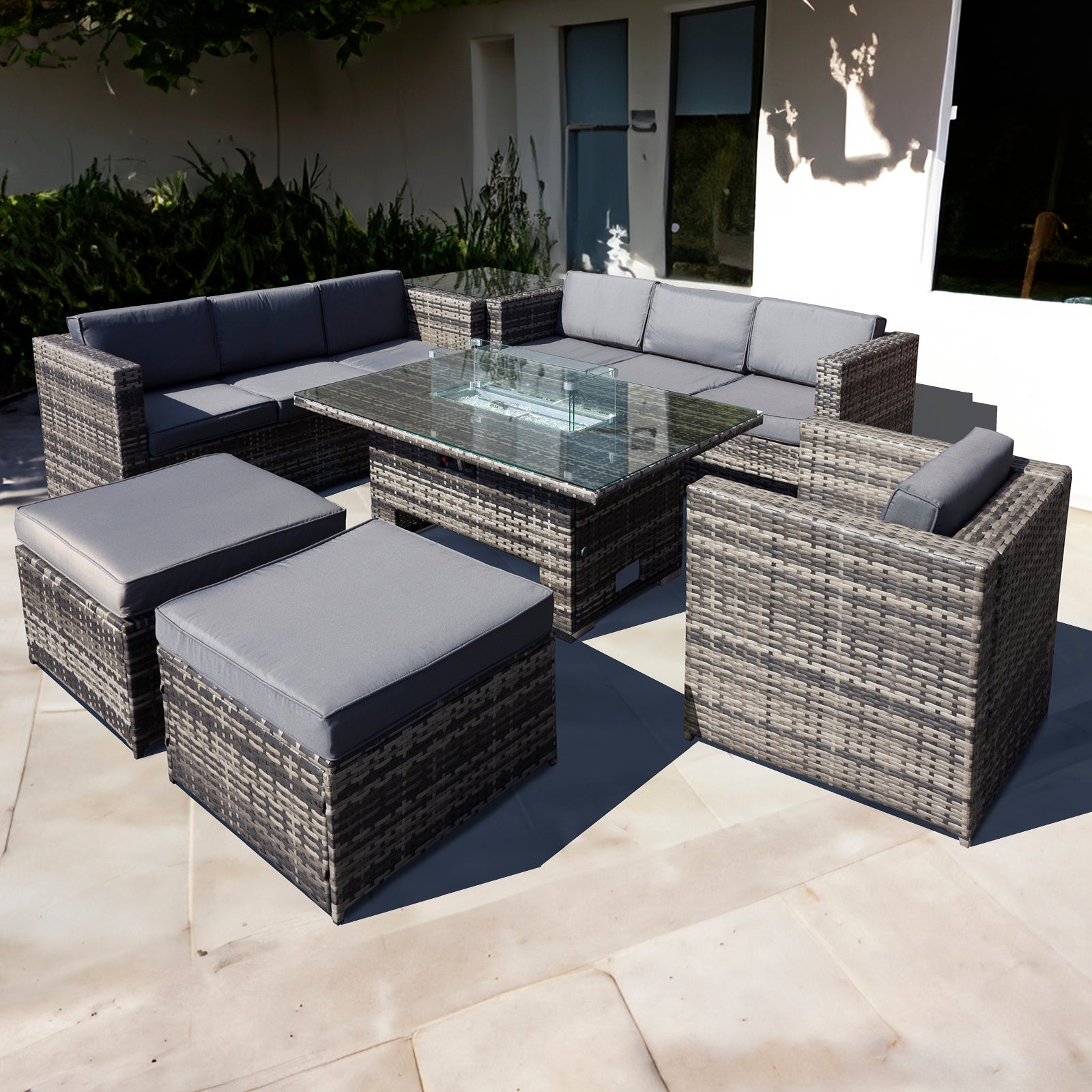 Oseasons Malta Rattan 9 Seat Rising Firepit Corner Set in Grey Walnut with 2 Footstools