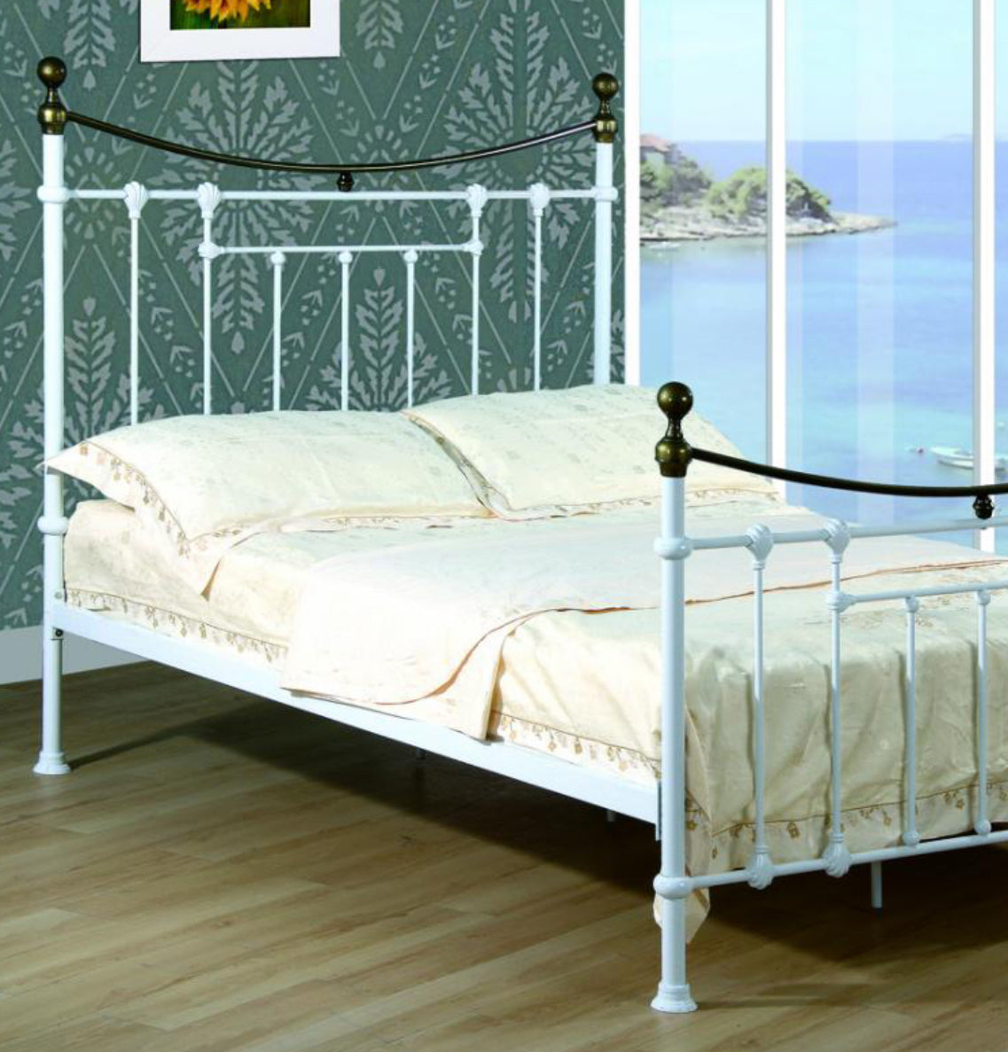 Elizabeth King Size Bed White & Antique Brass