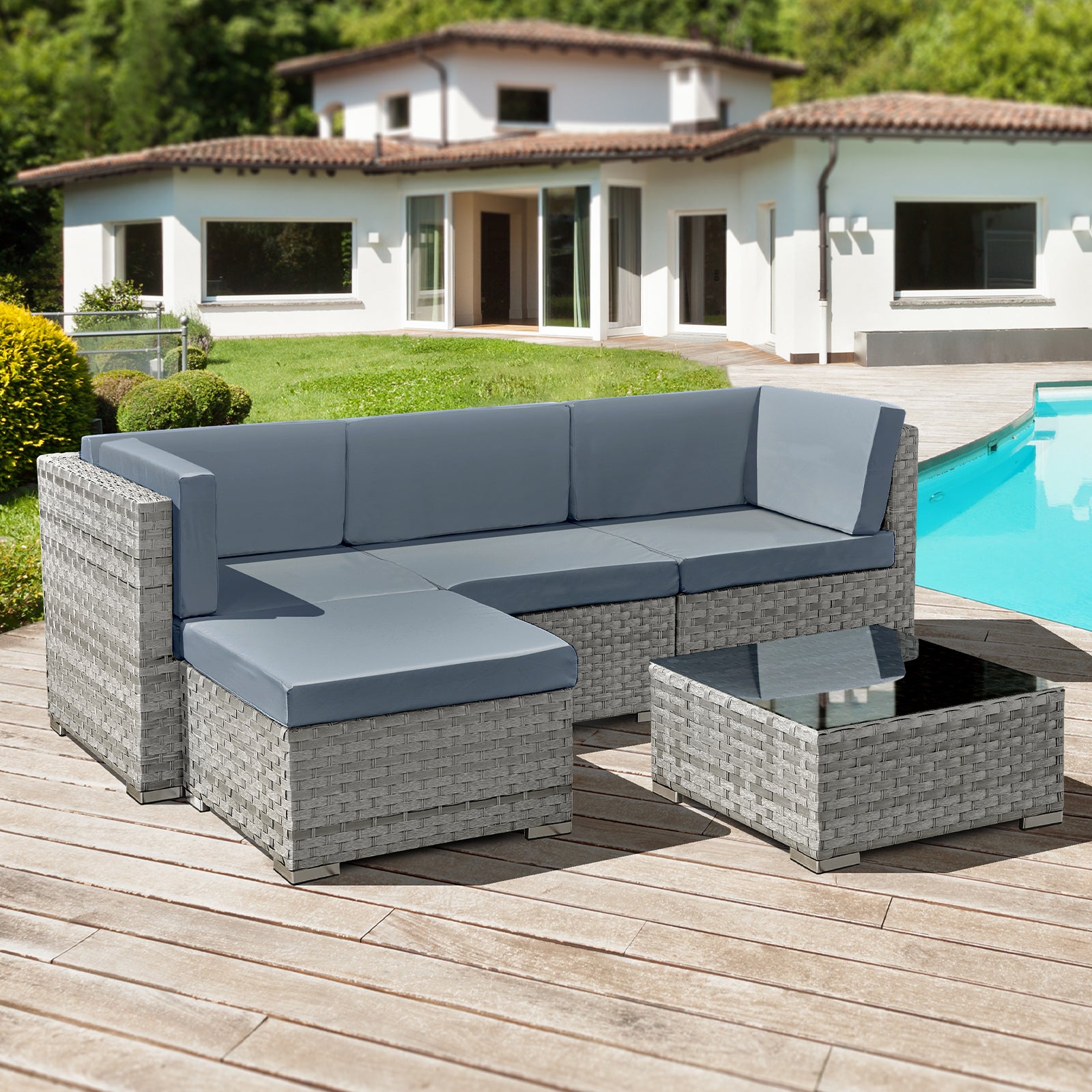 Oseasons Trinidad Rattan 4 Seat Modular Chaise Lounge Set in Dove Grey