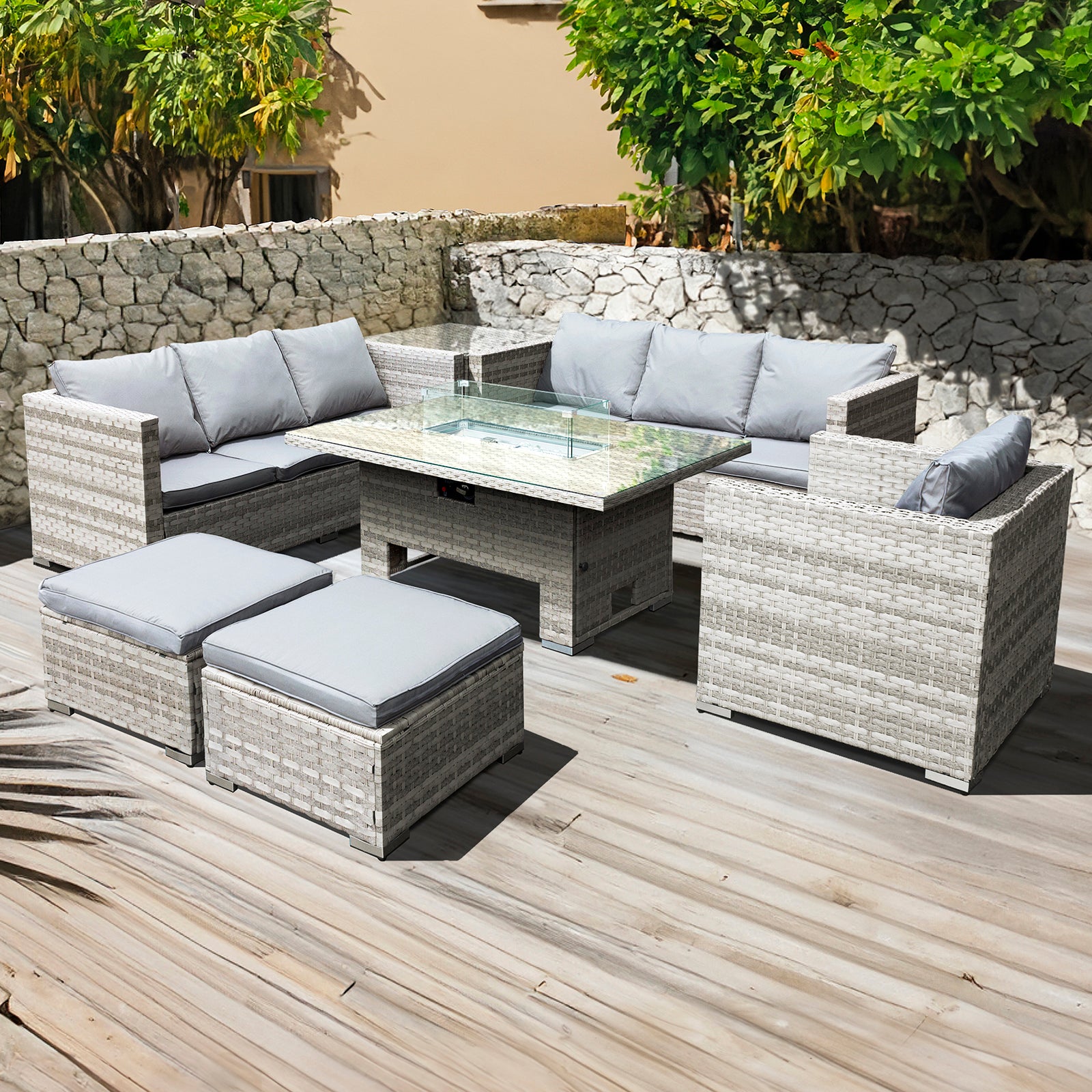 Oseasons Malta Rattan 9 Seat Rising Firepit Corner Set in Dove Grey with 2 Footstools