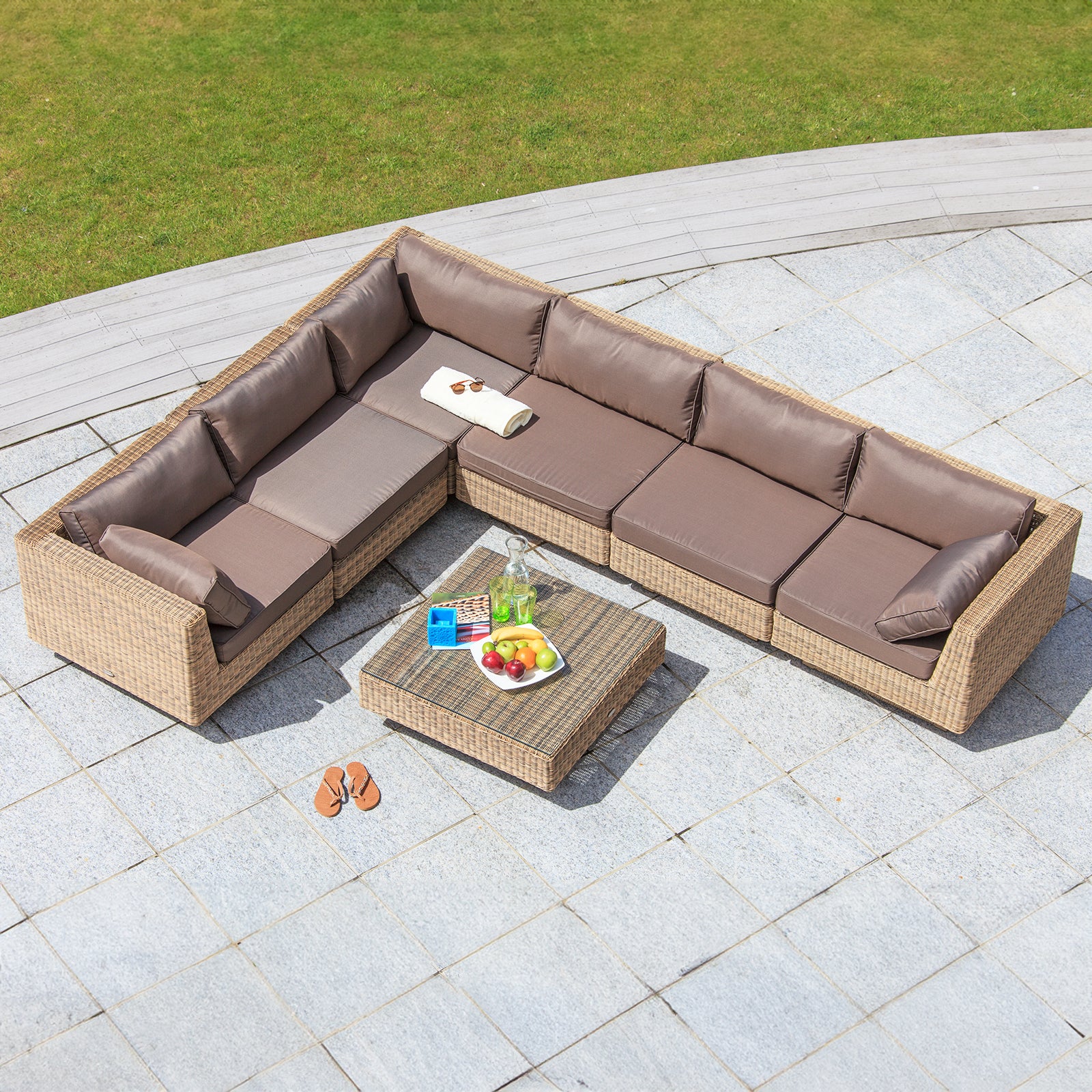 Cozy Bay Chicago Rattan 6 Seater Deluxe Modular Lounge Set in 4 Seasons with Brown Cushions