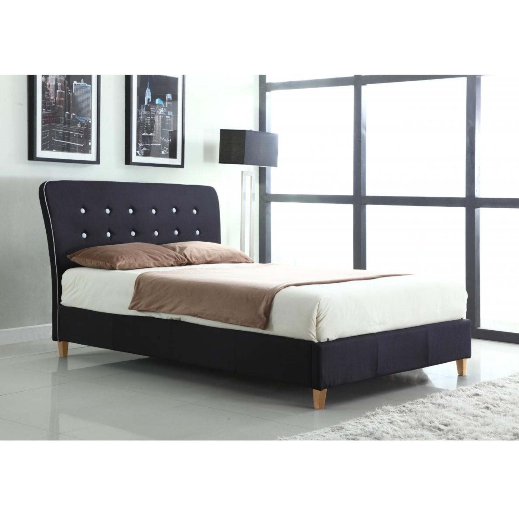 Nina Linen King Size Bed Black with White Piping