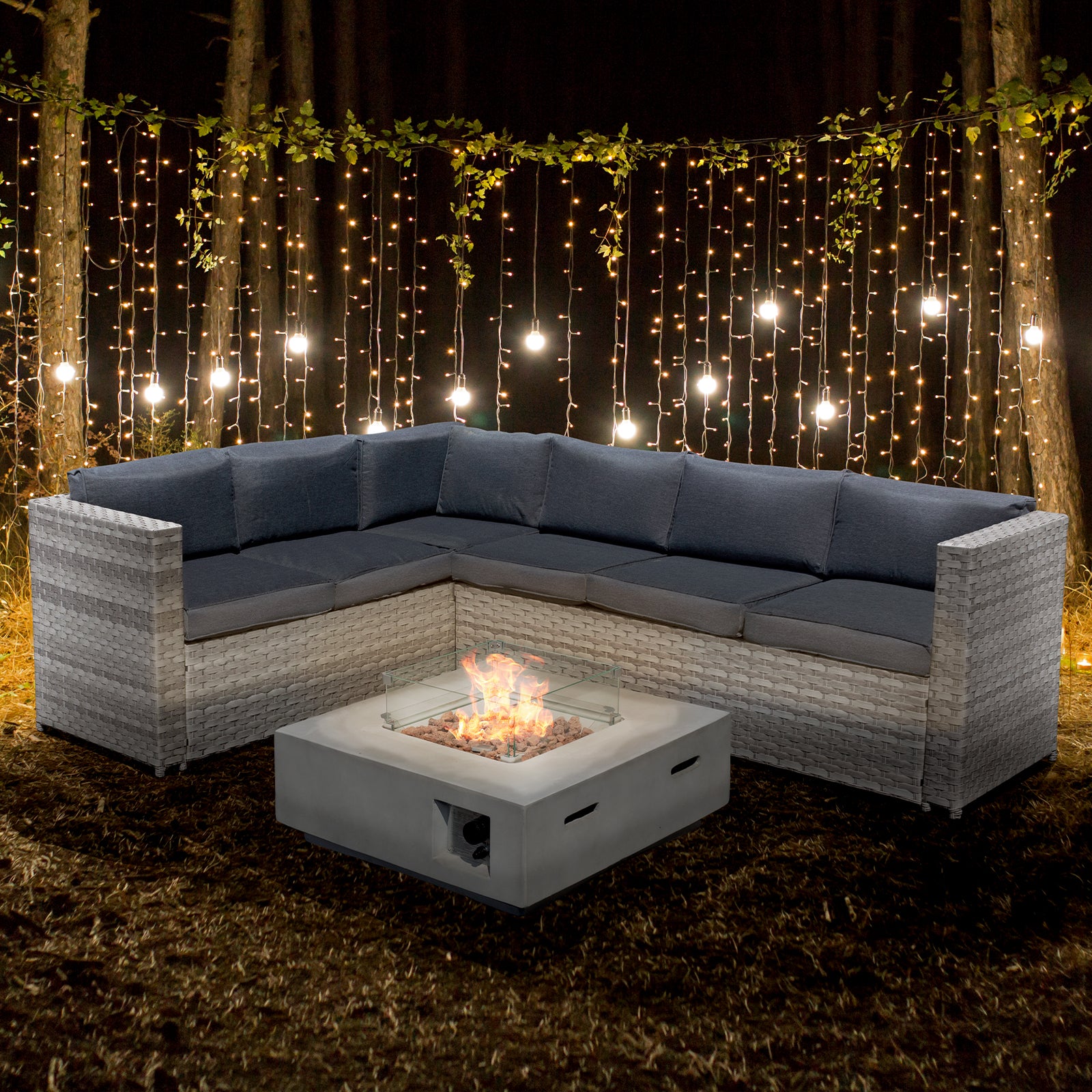 Oseasons Acorn Rattan 6 Seat Corner Sofa Set with GRC Firepit in Dove Grey