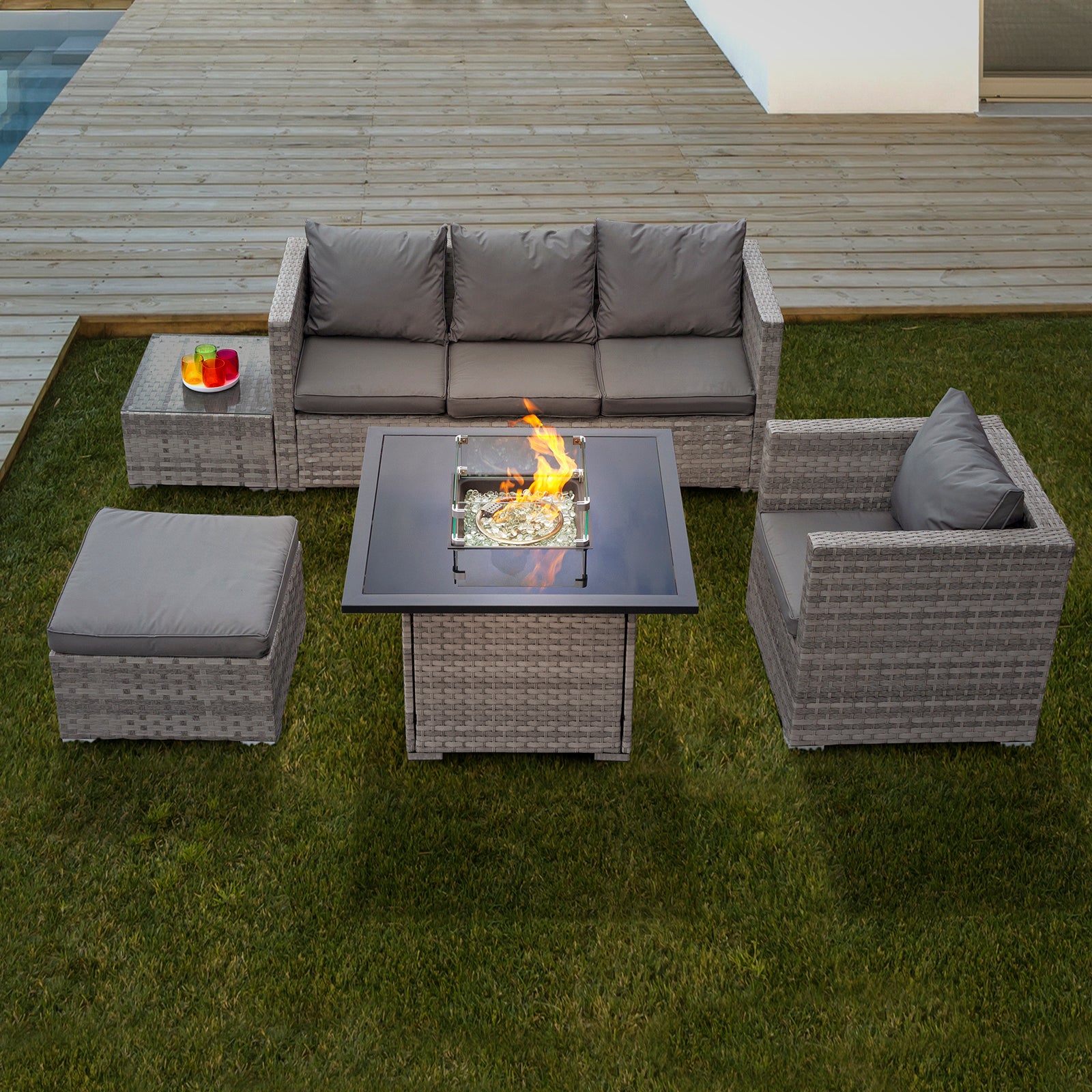 Oseasons Acorn Rattan 5 Seat Firepit Lounge Set in Dove Grey