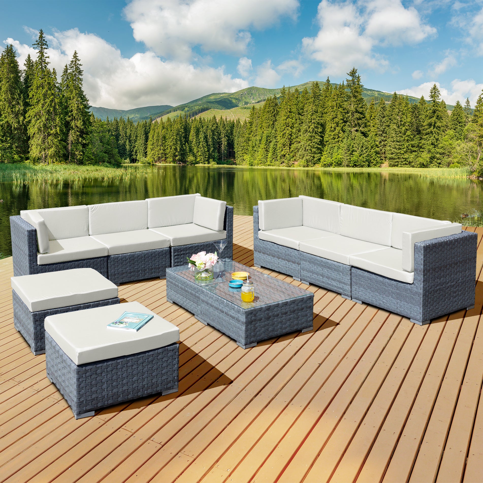 Oseasons Trinidad Deluxe Rattan 8 Seat Modular Sofa Set in Ocean Grey