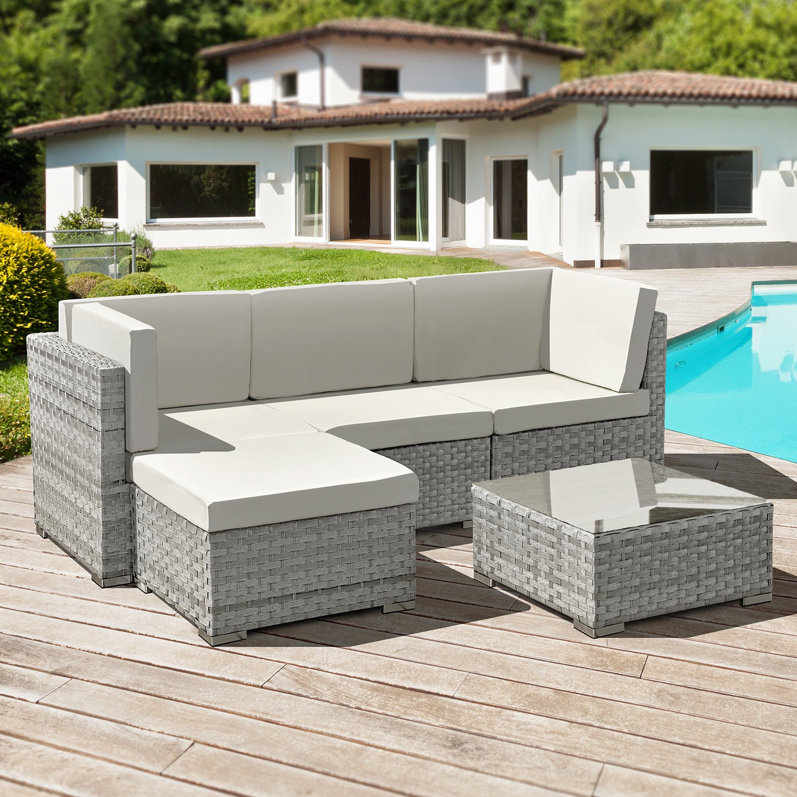 Oseasons Trinidad Rattan 4 Seat Modular Chaise Lounge Set in Dove Grey