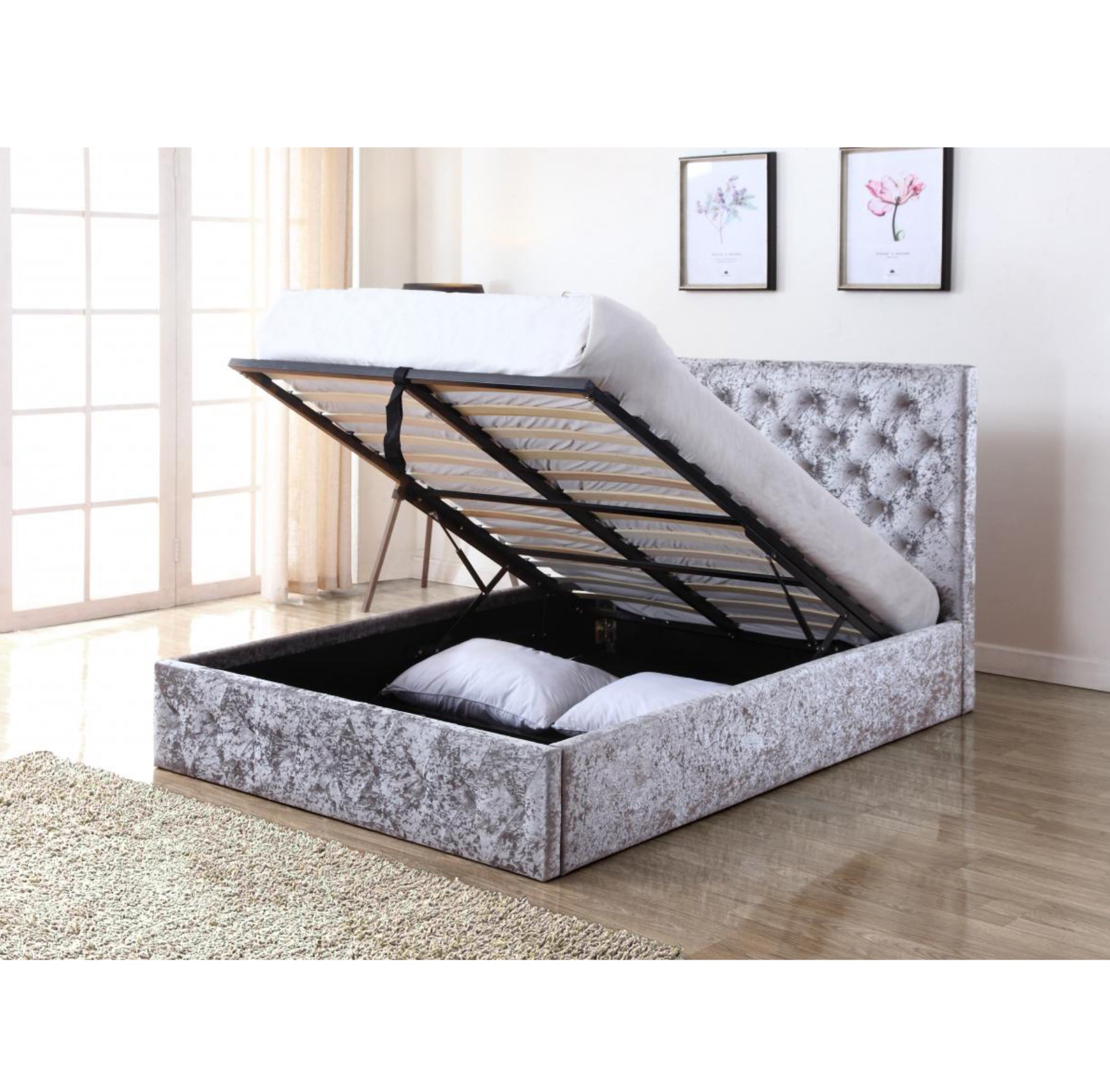 Yasmin Storage Crushed Velvet King Size Bed Silver